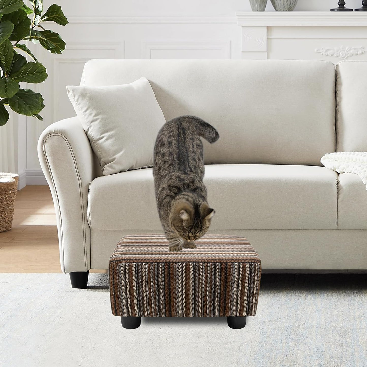 CAROLMADE Small Foot Stool Ottoman Footstool with Legs Under Desk Footrest for Living Room Bedroom and Office,Linen-Stripe Brown