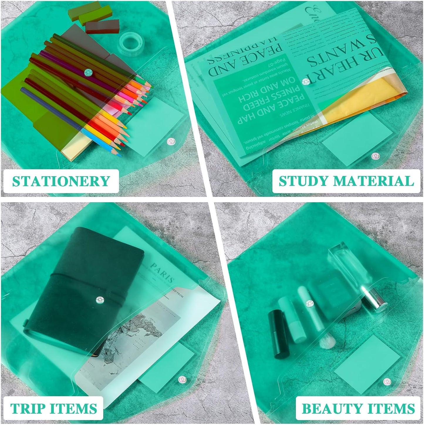 Lincia 24 Pcs Plastic Envelopes A4 Size Poly Envelopes File Folders Work Document Holder Office Paper Plastic File Organizer with Label Pocket Snap Button Home File Bag for School (Clear Green)