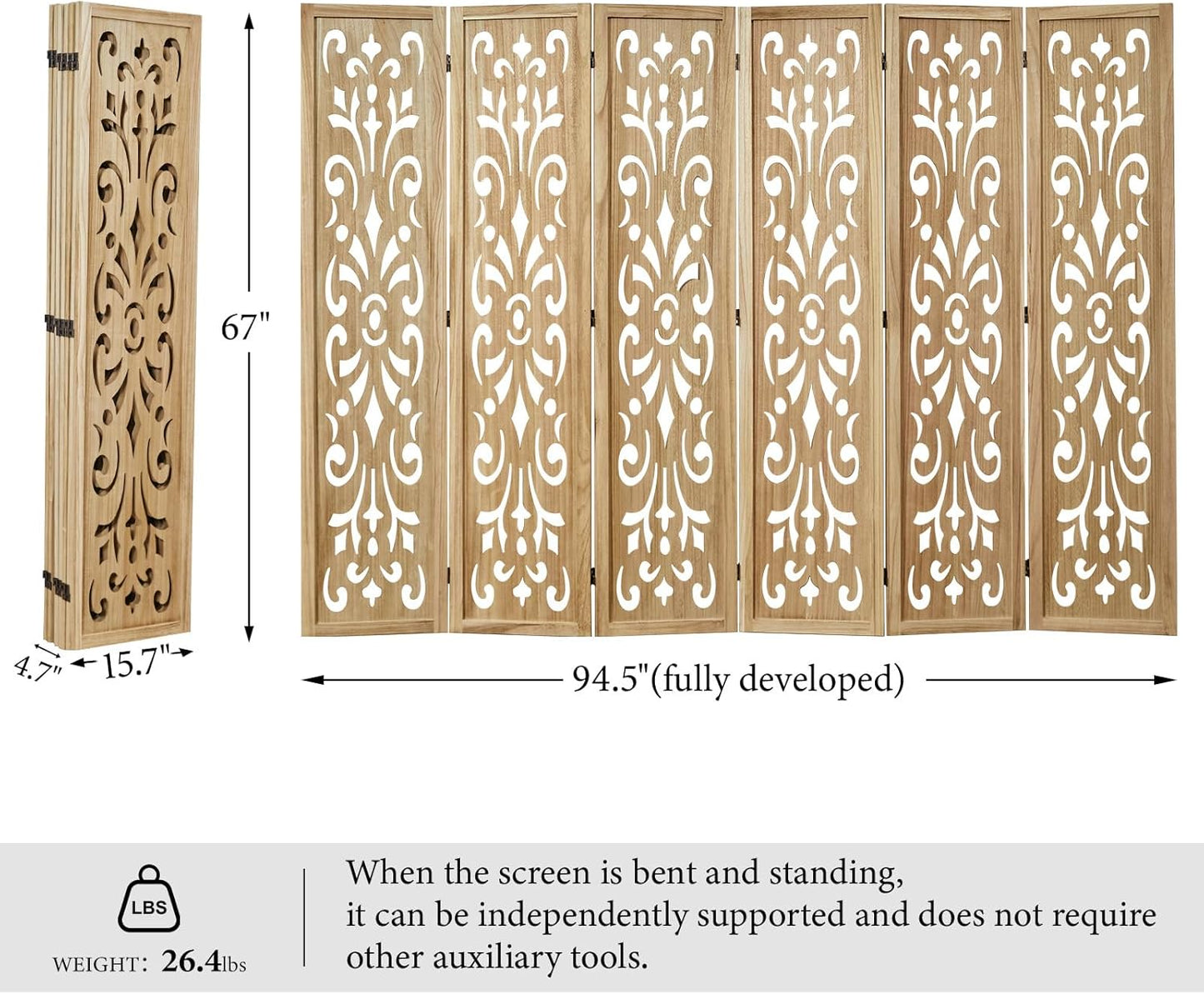 5.6Ft Room Divider Folding Wood Classical Carved Partition Screen for Home Office Garden - 6 Panels (Natural)