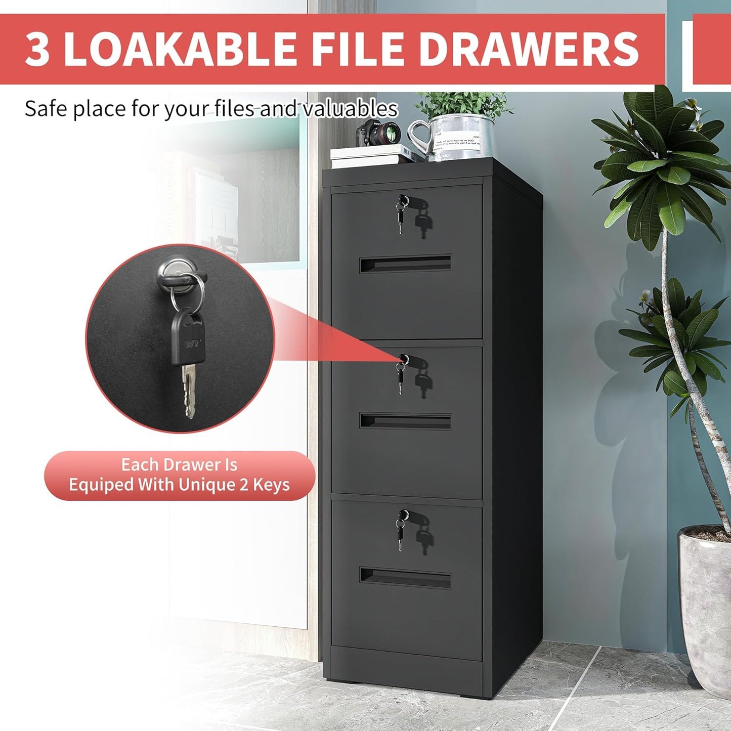 3 Drawer Metal File Cabinet with 3 Unique Locks Heavy Duty Locking File Cabinets Home Office Steel Filing Cabinet Vertical File Cabinets for Legal/Letter Size File,Assembly Required