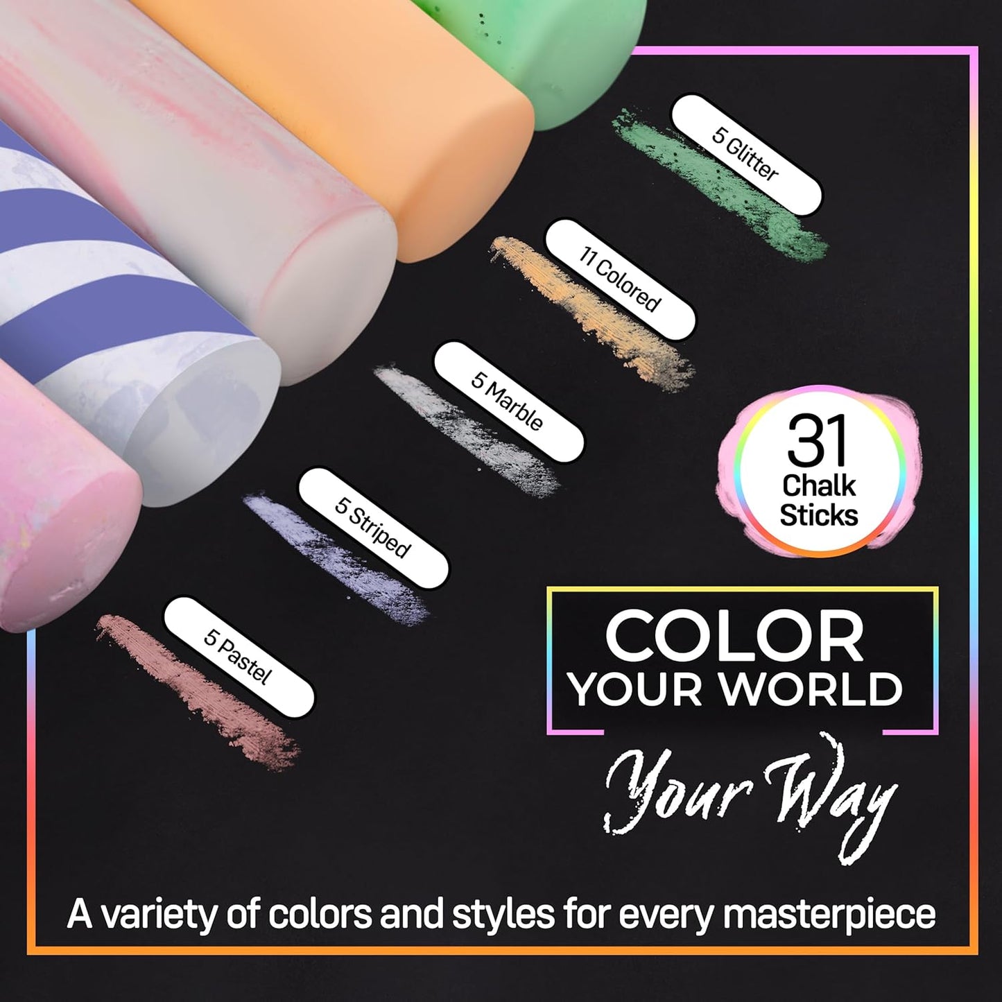 Loddie Doddie 49pc Sidewalk Chalk Bucket – Outdoor Activity Play Set for Kids, 31 Assorted Chalk Sticks, 4 Holders, 10 Ball Refills, 4 Stencils, Outdoor Water Play, Washable, Reusable Bucket