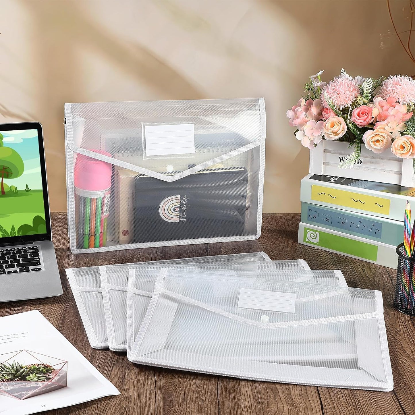 10 Pieces Plastic File Folders Envelope Expanding File Wallet Organizer Documents Folder with Snap Closure and Pocket B4 Waterproof Transparent Pouch for School Office(White,Horizontal)