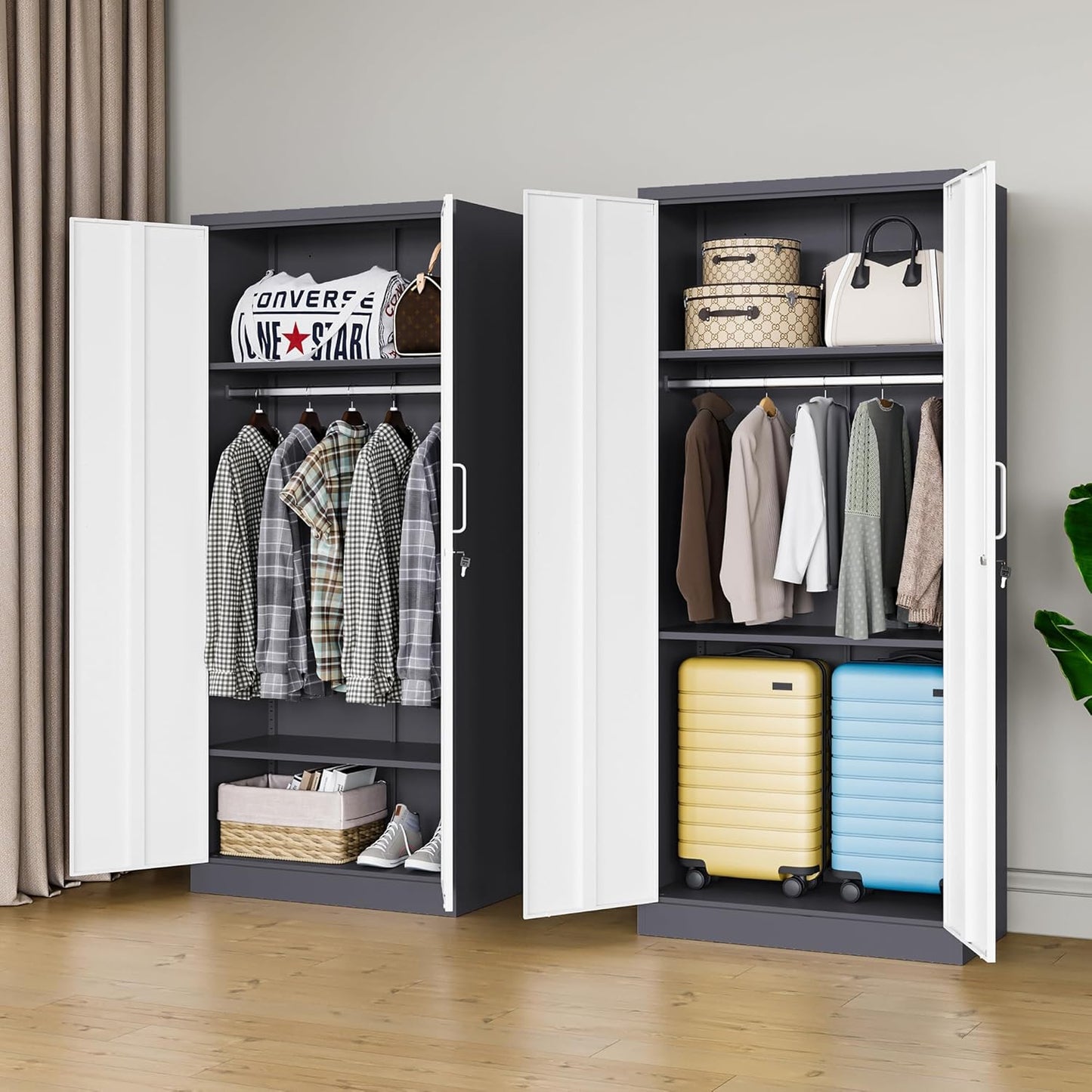 MIIIKO Wardrobe Closet with 2 Doors, 72" Metal Wardrobe Cabinet with Hanging Rod for Bedroom Laundry Room and Office, Clothes Storage Organizer Cabinets with Locking Door and Shelf