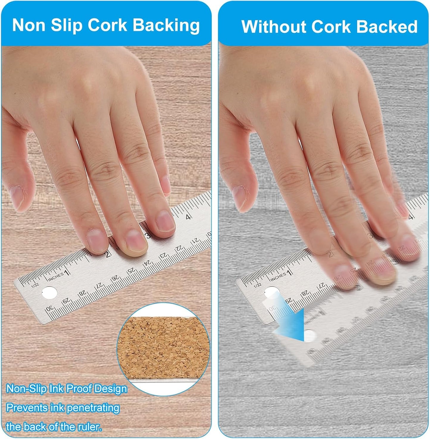 PATIKIL 6, 12 Inch Stainless Steel Straight Edge Ruler, 2 Pcs Cork Backing Non-Slip Metal Ruler with Inches Centimeter Metric Measuring Tools for Office