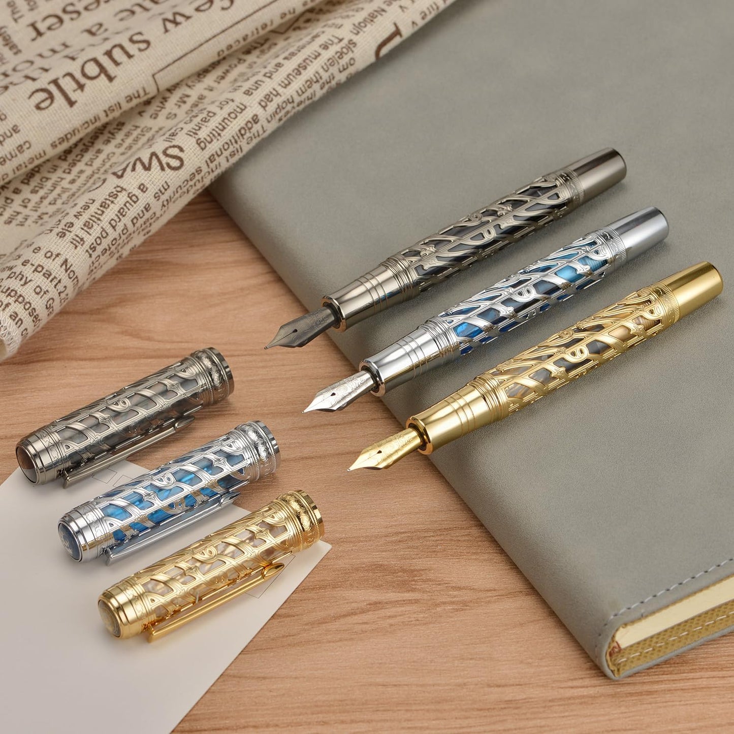 Hongdian A6 Piston Fountain Pen Fine Soft Nib, Golden Hollow Skeleton & Transparent Resin Pen with Metal Case Set
