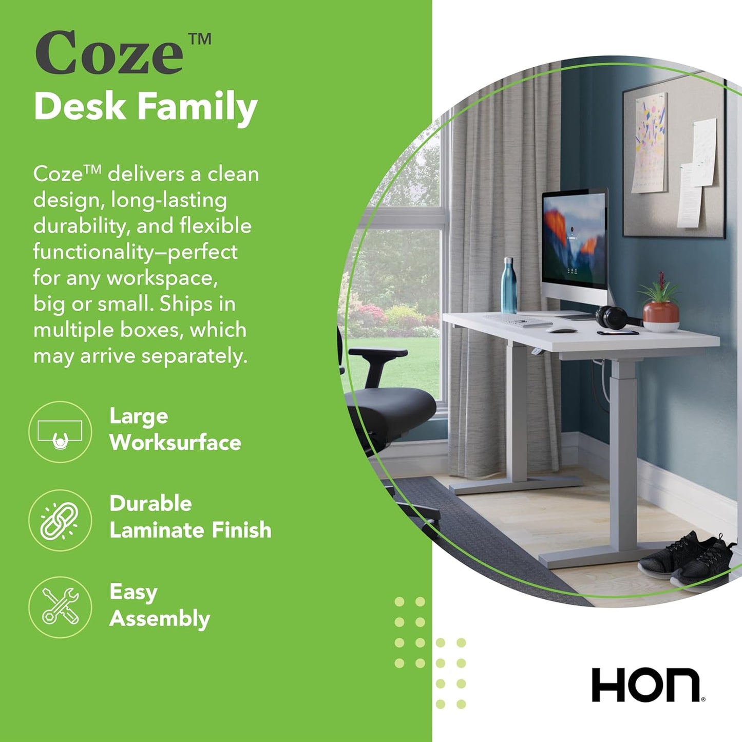 HON Coze Electric Standing Desk Adjustable Height, Coordinate Height Adjustable Desk, 48", Natural Recon Top, White Base