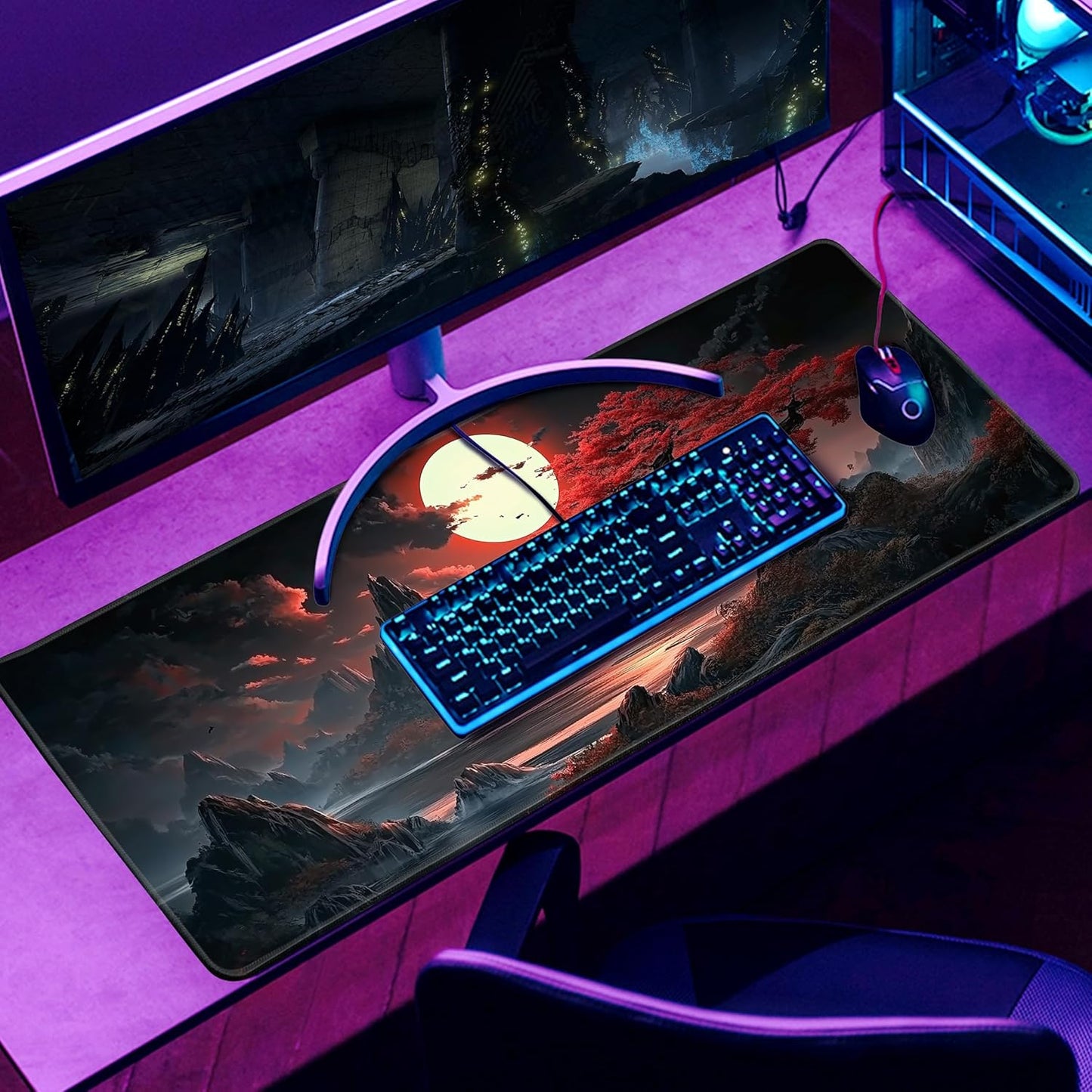 Japanese Desk Mat Riverside Full Moon Large Mouse Pad Gaming Mousepad Extended XL Keyboard Mat Computer Laptop Mouse Desktop Mat 31.5 X 11.8 Desk Decor