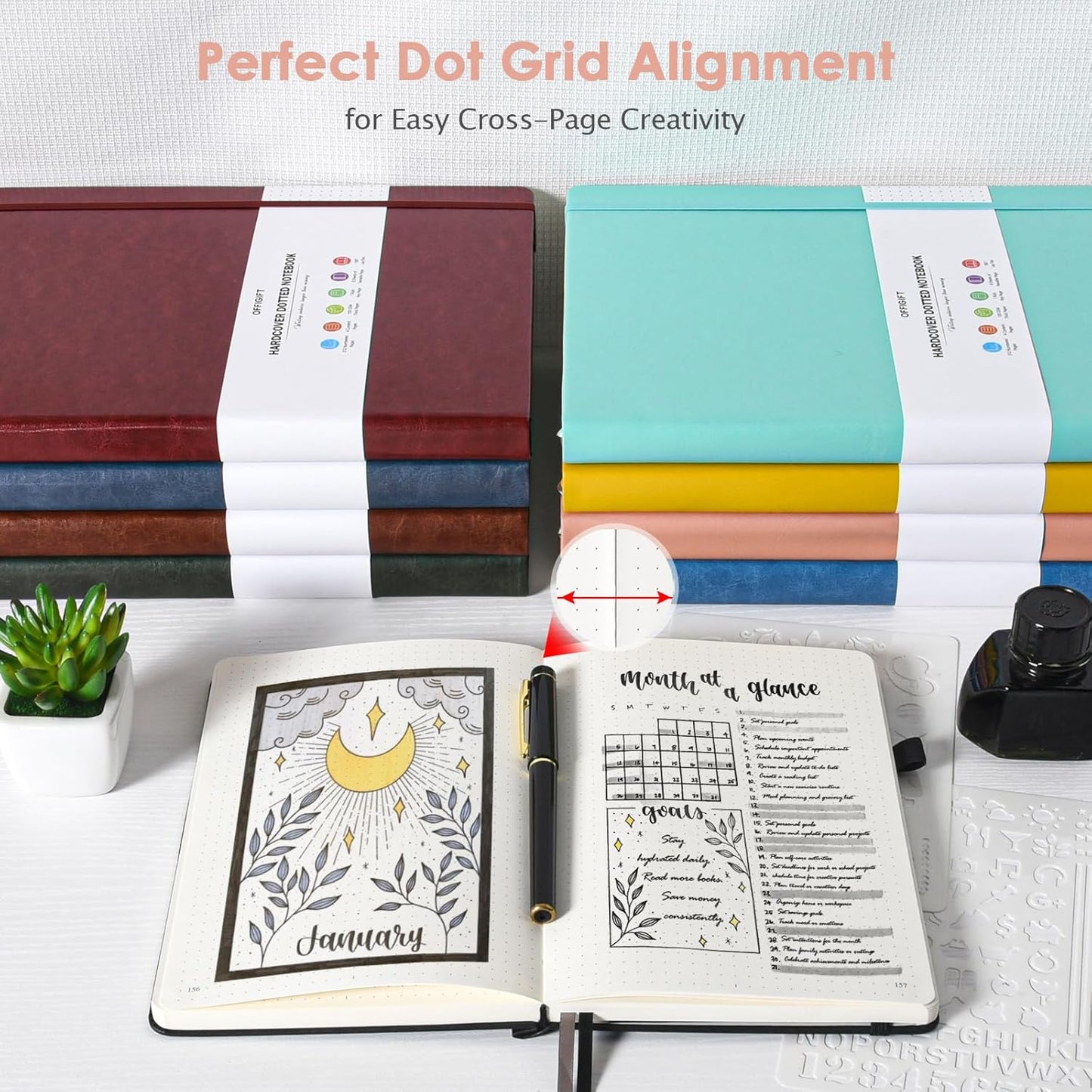 Bullet Dotted Journal Notebook, 312 Numbered Pages A5 Hardcover Leather Journal, 100gsm No Bleed Paper Dot Grid Notebook with Index Pages, Dot Journal for Women Men, 5.75" x 8.38", Pink