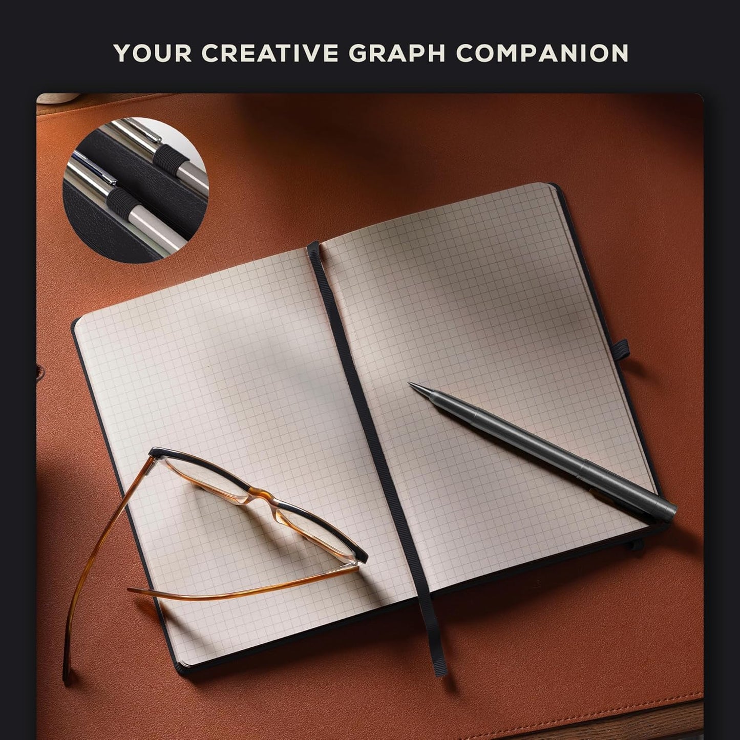 BEECHMORE BOOKS Graph Paper Notebook - Regular, Black | Premium Square Grid Math & Science Journal | 5.75" x 8.25" Hardcover Vegan Leather | Thick 120gsm Cream Graph Paper | Gift Box for Men & Women