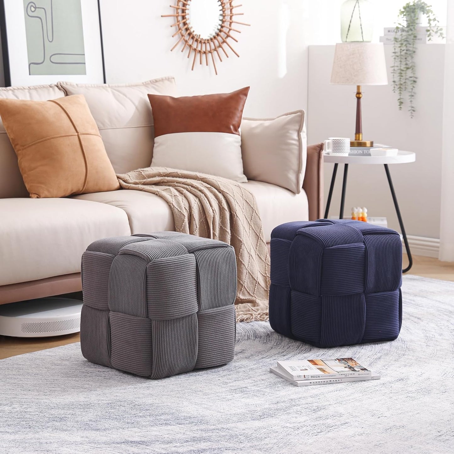 Ottoman Foot Rest Soft and Comfortable Ottoman Square Corduroy Woven Design Sofa Stool (Blue)