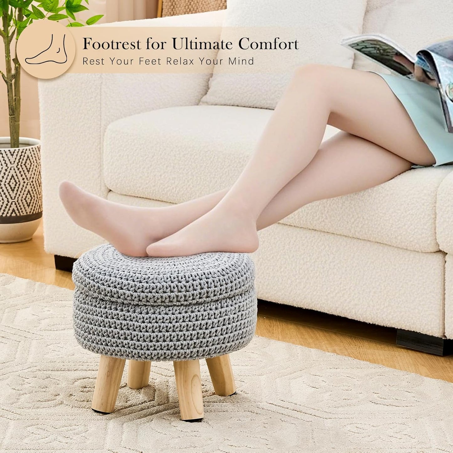 Round Storage Ottoman Foot Rest Cotton Braided Foot Stool Pouf Ottoman with Solid Wood Legs Footstool with Storage Shoe Changing Stool for Living Room Gray