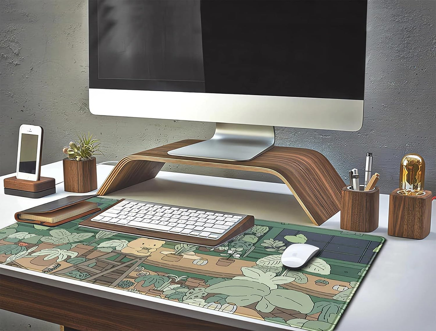 Kawaii Bear XL Gaming Mouse Pad & Desk Mat - 31.5x11.8 in, Aesthetic Brown & Green Forest Keyboard Pad