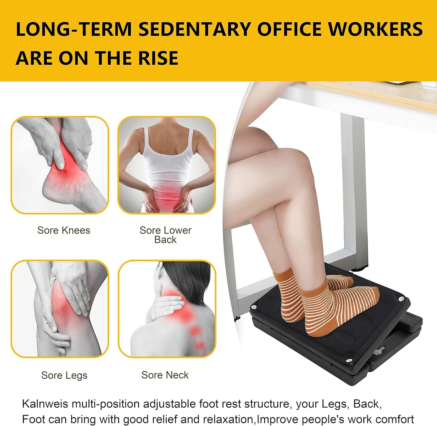 Adjustable Foot Rest Under Desk - Ergonomic Office Foot Stool with Massage, Leg Rest for Desk, Anti-Slip Design for Home & Work, Improves Posture (PB-Black)