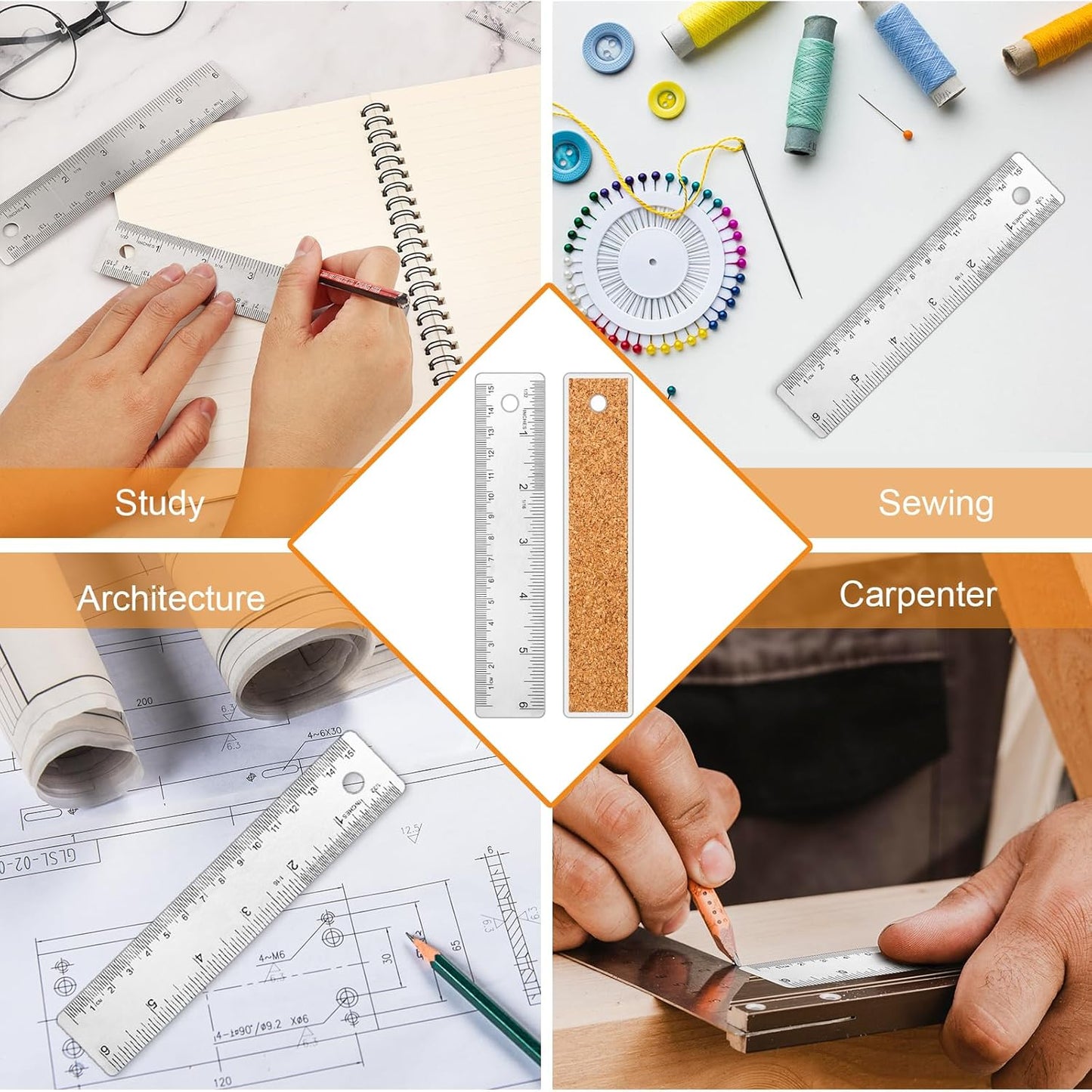 3 Pcs Stainless Steel Ruler 6 Inch Metal Ruler Straight Edge Rulers Non Slip Cork Backed Rulers with Inch and Metric Graduations for School Office Engineering Drawing(6 Inch)