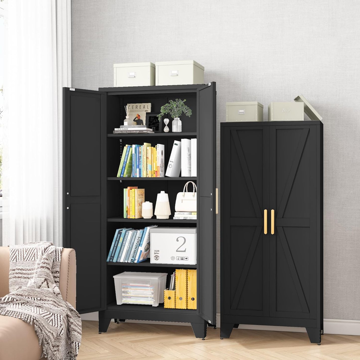 71H Tall Metal Storage Cabinet with 2 Doors and 5 Shelves,Farmhouse Storage Cabinet with Barn Doors,Pantry Storage for Home,Office,Bathroom,Dining Room,Kitchen(Black)