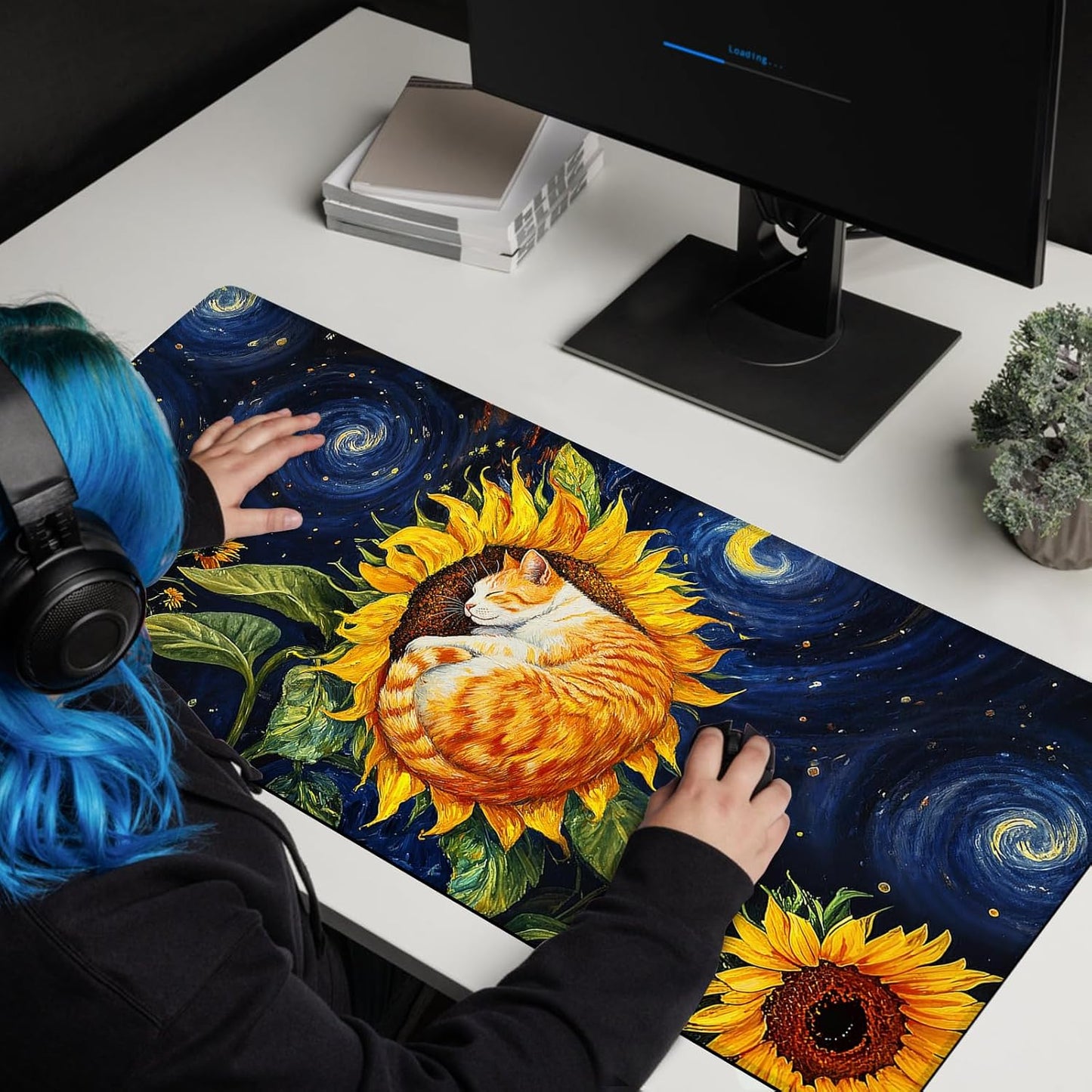 Sunflower Cat Gaming Mouse Pad, Starry Sky Cute Orange Cat Mousepad - Large Non-Slip Desk Mat for Office, PC, Laptop - 35.5"x15.7" x 3mm