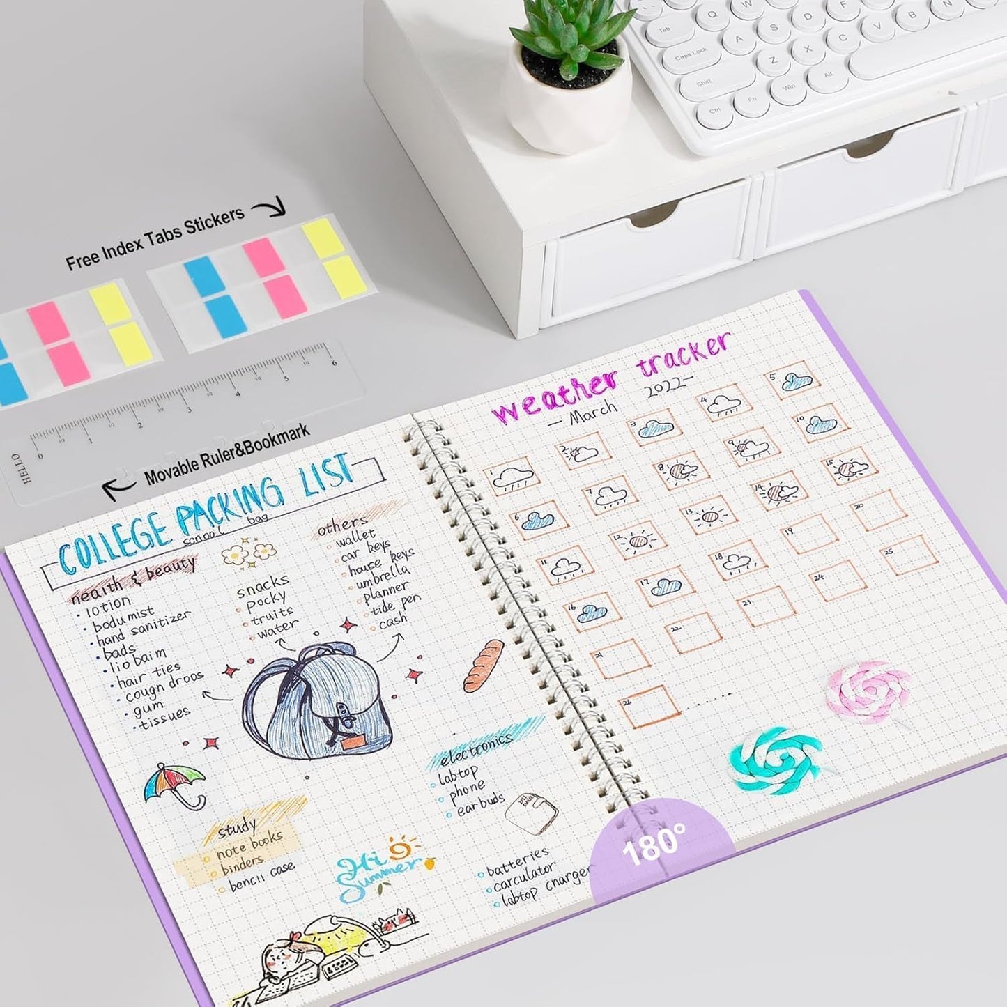 AHGXG Graph Paper Notebook - Spiral Notebook Journal 7.6" x 10", B5 Large Graph Notebook, 140 Pages, 100 gsm Thick Grid Paper, Waterproof Plastic Cover, for School Writing Engineering, Purple