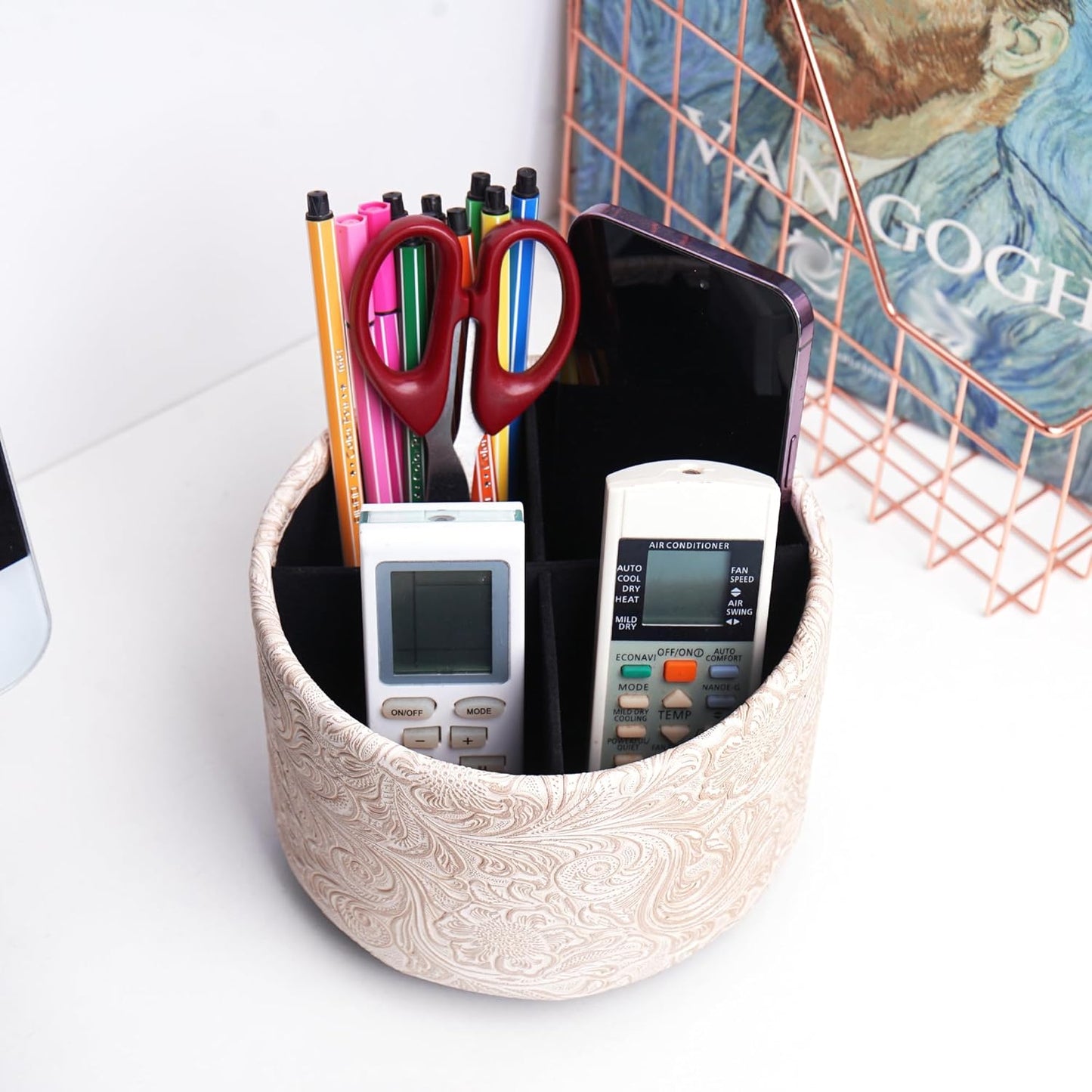 lizimandu Round Leather Art Supply Organizer,Remote Control Holder,360 Degree Spinning,Multi-Functional Pencil Holder,4 Compartments Desktop Stationary Organizer(1-Carved White)