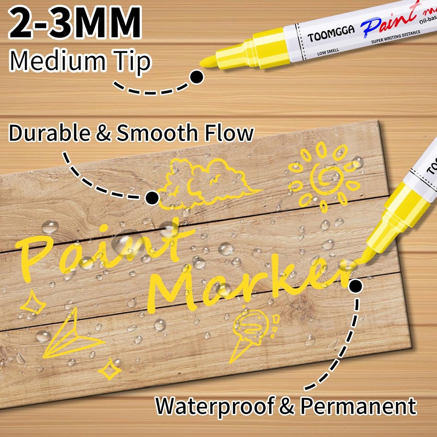 Yellow Permanent Paint Pens Paint Markers - 12 Pack Oil Based Markers, Quick Drying and Waterproof Marker Pen, Car Tire, Metal, Rock Painting, Wood, Ceramic, Plastic, Canvas, Mugs, Medium Tip