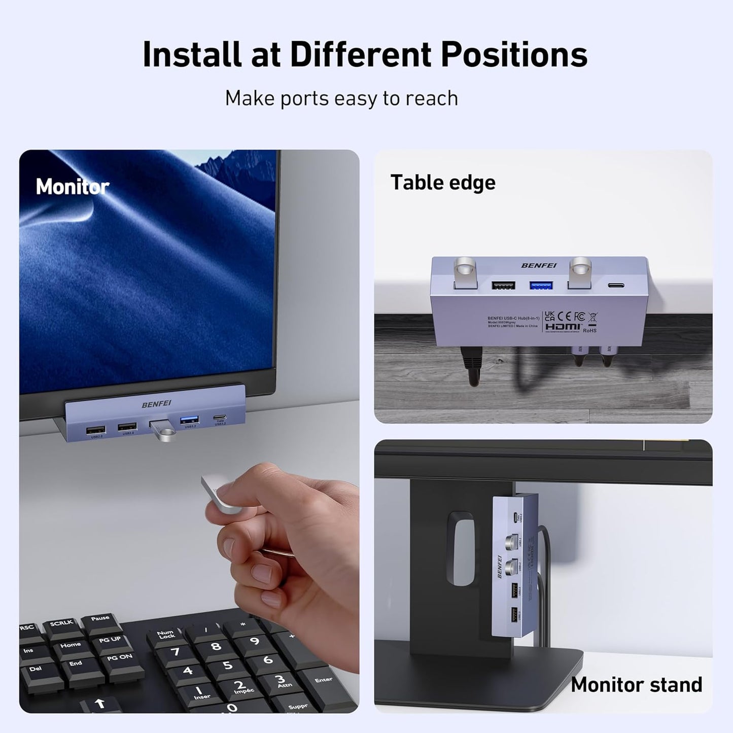 BENFEI 8-in-1 USB C Hub with Secure Clamp – Features 4K@60Hz HDMI, Gigabit Ethernet, 100W PD, 10Gbps 1x USB-C, 2 x USB-A 3.2, 2 x USB-A 2.0 Compatible with MacBook, iPad Pro, iMac, S23, XPS17