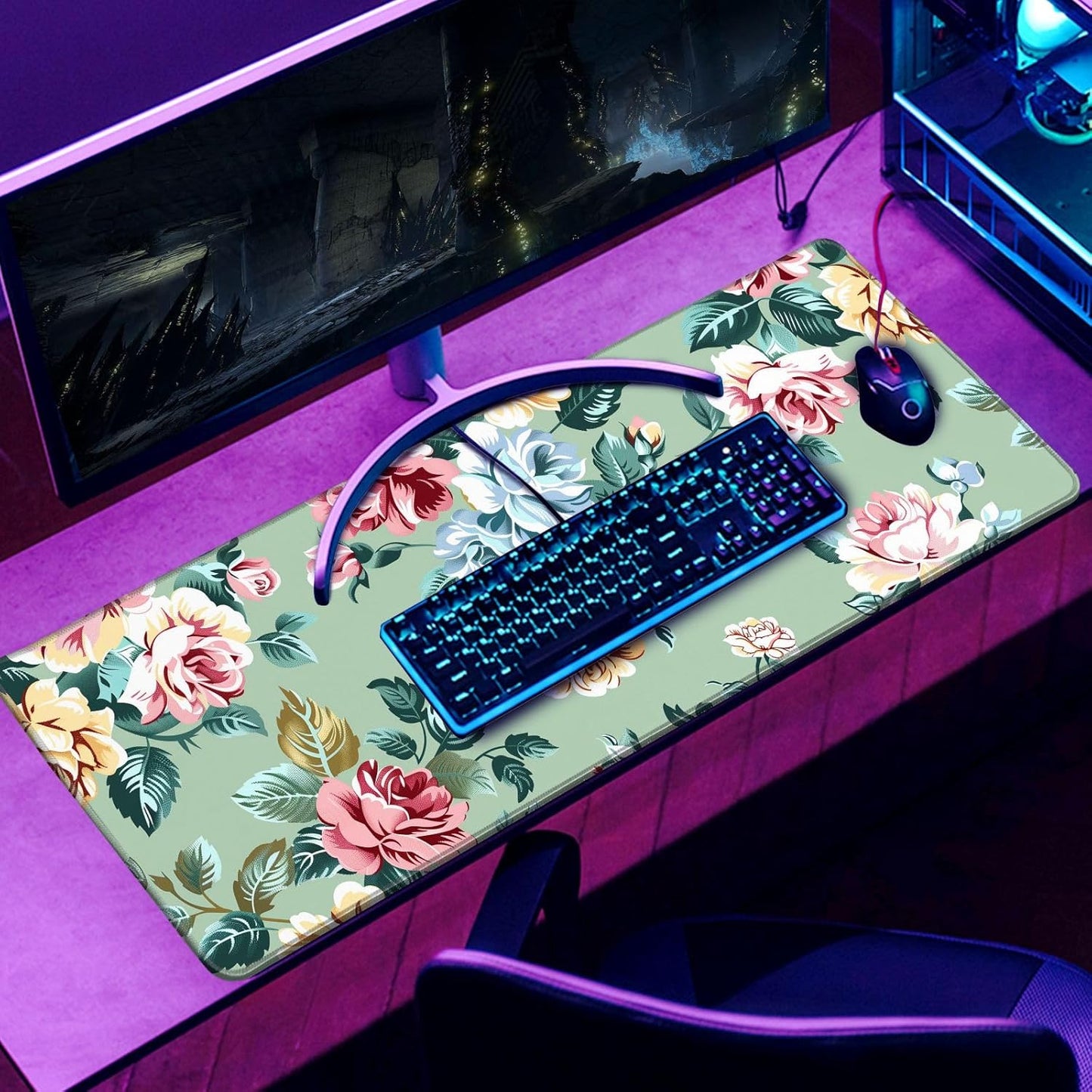 XL Mouse Pad Gaming Kawaii Cute Retro Rose Floral Extra Large Mousepad (31.5x11.8 in), Desk Mat Pad Home Office Decor Mouse Pad Stitched Edges Smooth Surface Non-Slip Bottom Mat