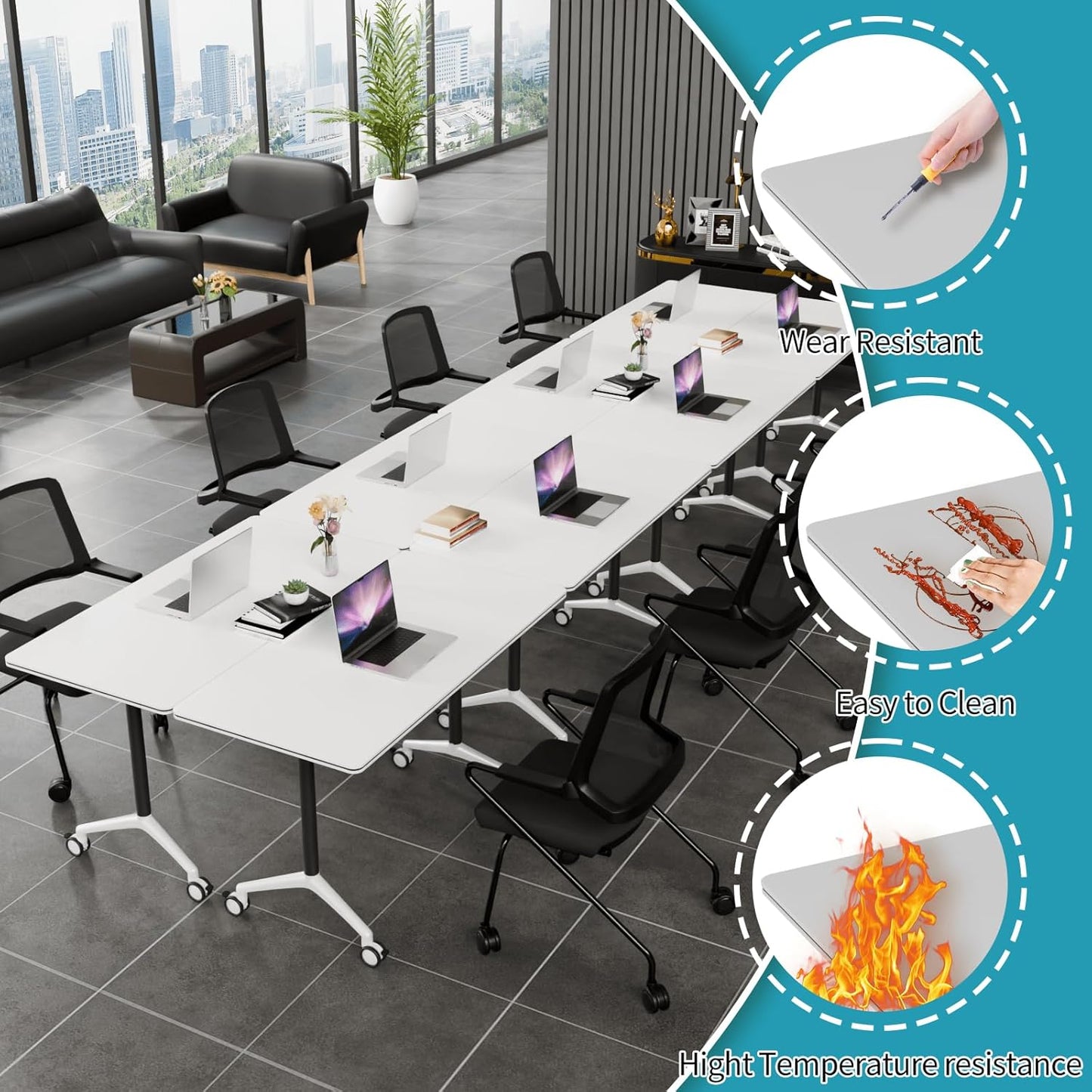 Folding Conference Table, Modern Conference Room Tables with Flip-Top Design, Foldable Conference Table Meeting Table with Wheels, Mobile Seminar Training Tables for Office Classroom (8, White 2)