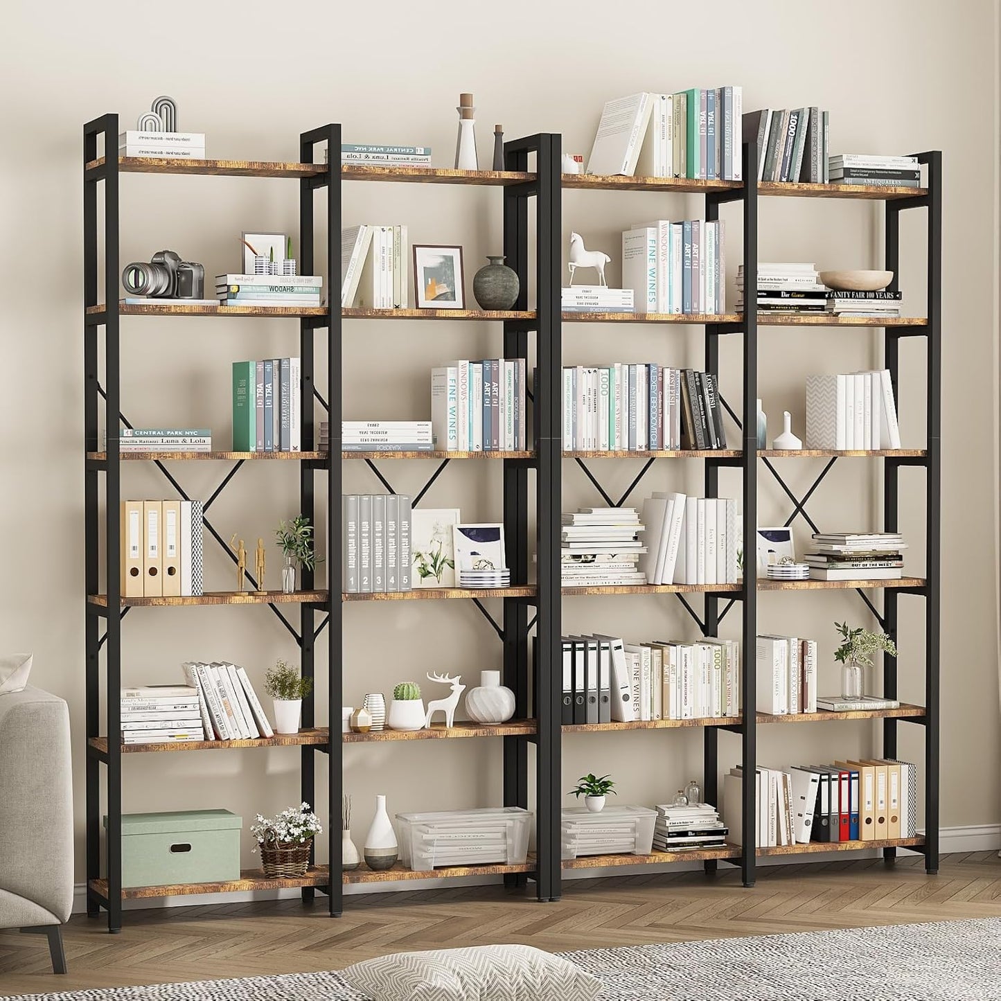 oneinmil Bookshelf 6 Tier, 71.5'' Industrial Wood Bookshelves, Book Shelf with 12 Open Display Shelves & Metal Frame, Tall Bookcase for Home and Office, Rustic Brown