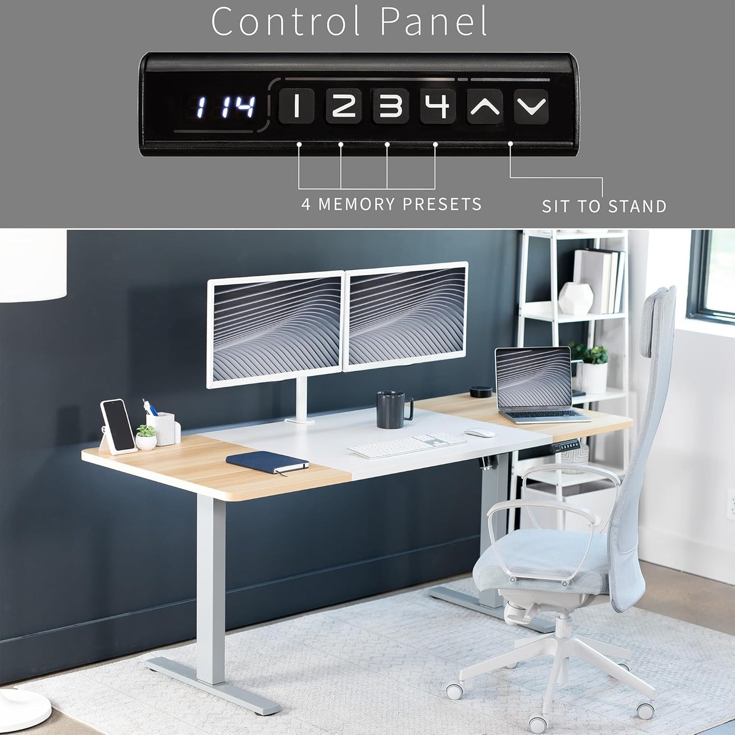 VIVO Electric 71 x 30 in Standing Desk, Memory Height Adjustment, 1B Series, White and Light Wood, Top Gray Frame, DESK-KIT-1G7WC