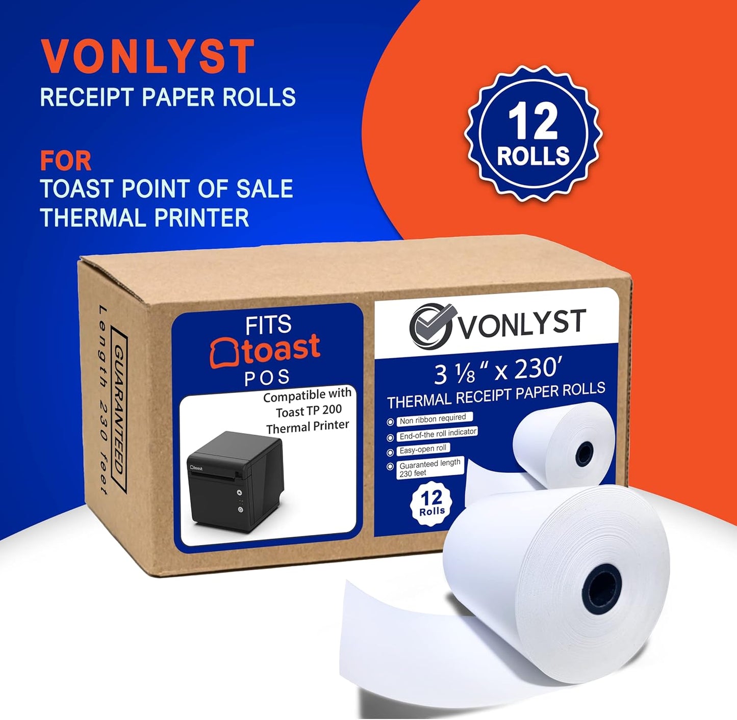 Thermal Printer Paper Roll for Toast TP200 Receipt Printer Point of Sale (12 rolls)