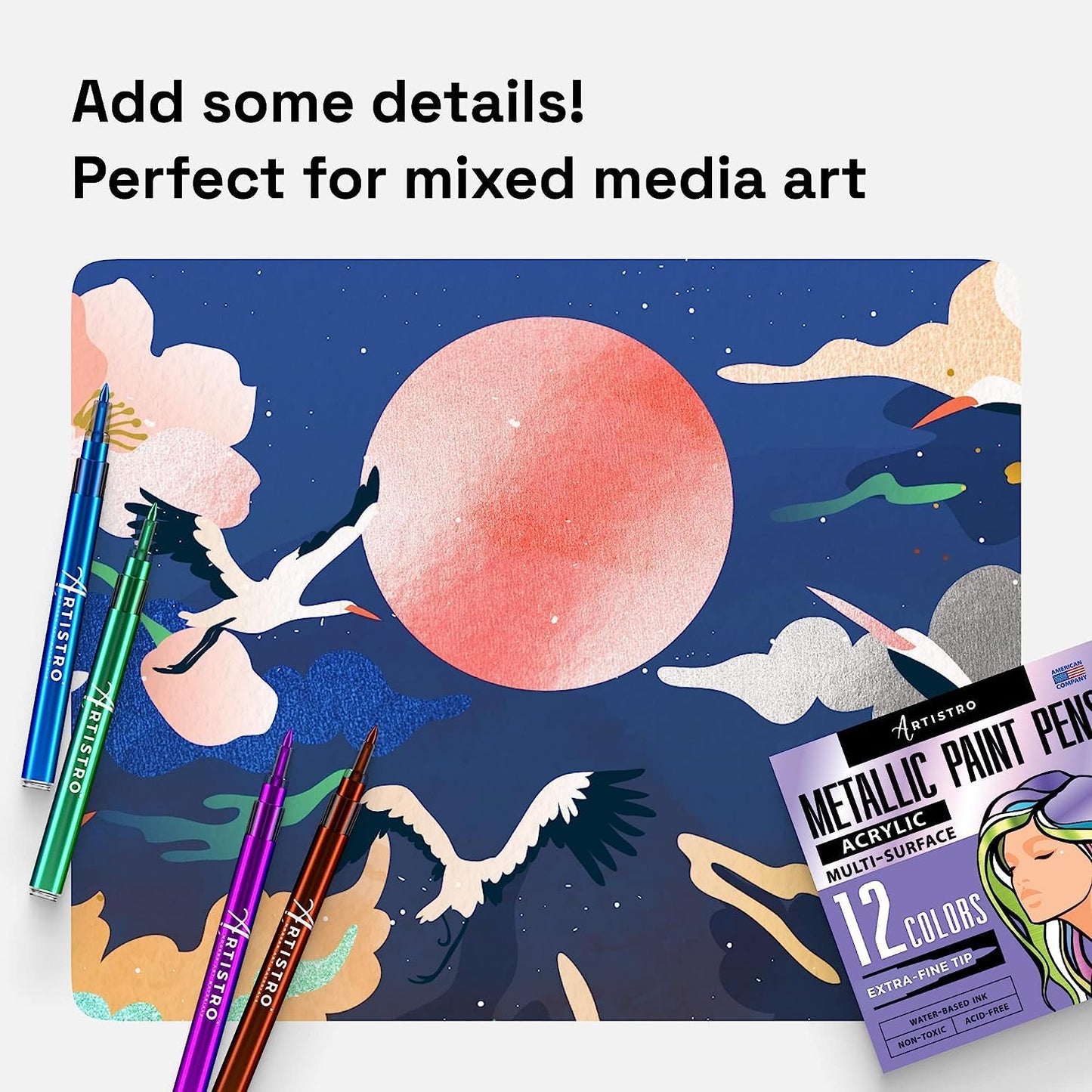 ARTISTRO 12 Metallic Paint Pens for Glass, Rock Painting, Ceramic, Wood, Fabric, Pebbles, Scrapbook Journals, Photo Albums, Card Stocks - Acrylic Paint Markers Extra-Fine Tip 0.7mm