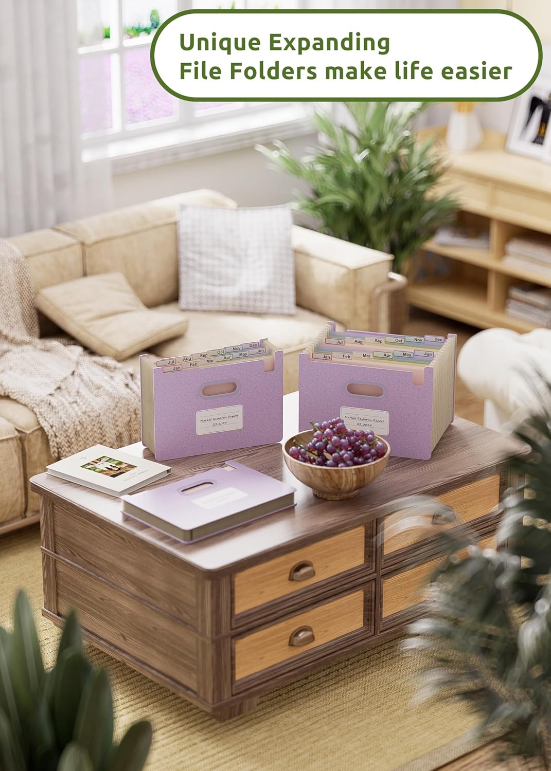 Accordion File Organizer, 12 Pockets Wheat Straw Expanding File Folders, Upright&Open Top, Monthly Bill Receipt Organizer, 100% BPA Free,Return to Nature,Healthy Living, Letter/A4 Size-Lavender Purple