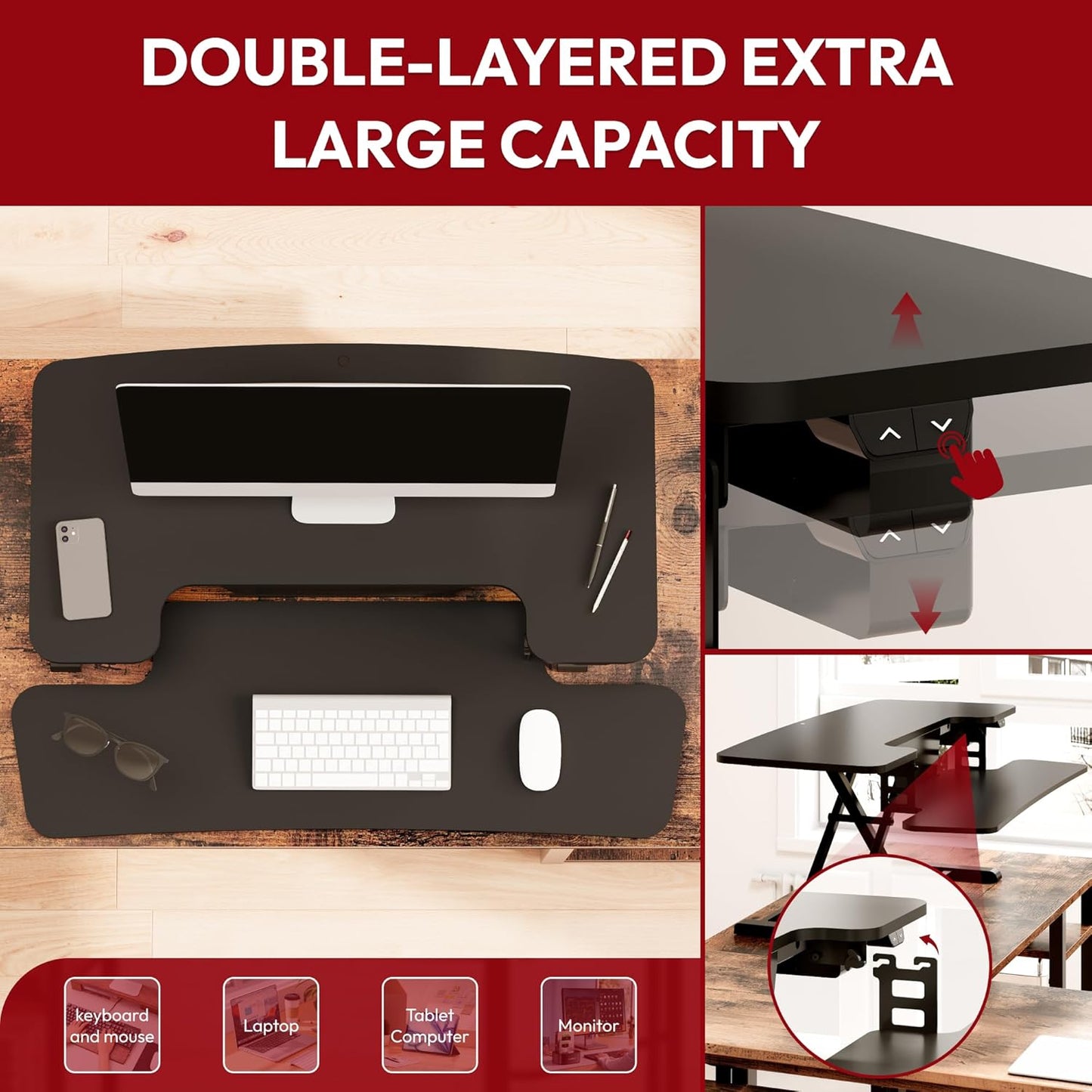 SANODESK 42" Electric Standing Desk Converter, Height Adjustable Riser for Office Home,Dual Monitor and Laptop Workstation with Large Keyboard Tray,Black Color