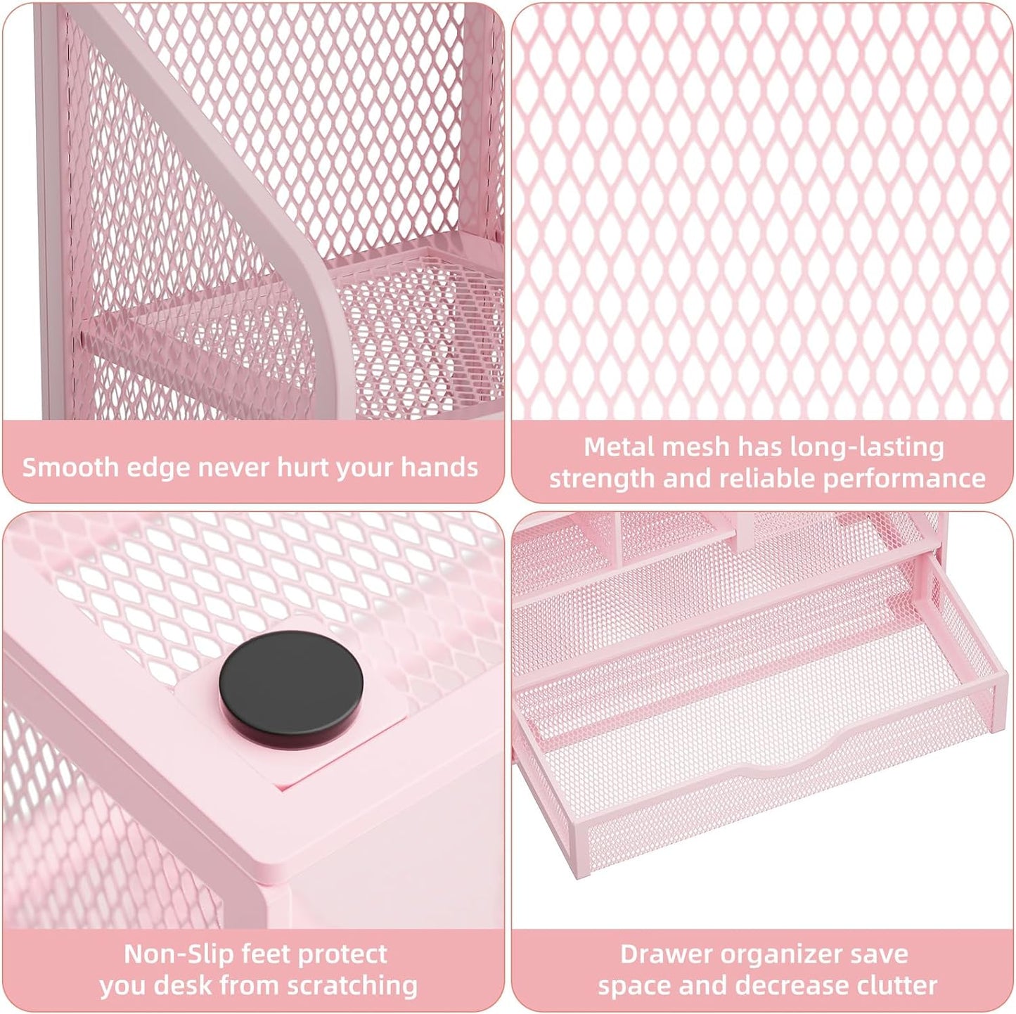 Marbrasse Mesh Desk Organizer with Drawer, Multi-Functional Pencil Organizer, 12 Compartments, Pink, Modern, Minimalist