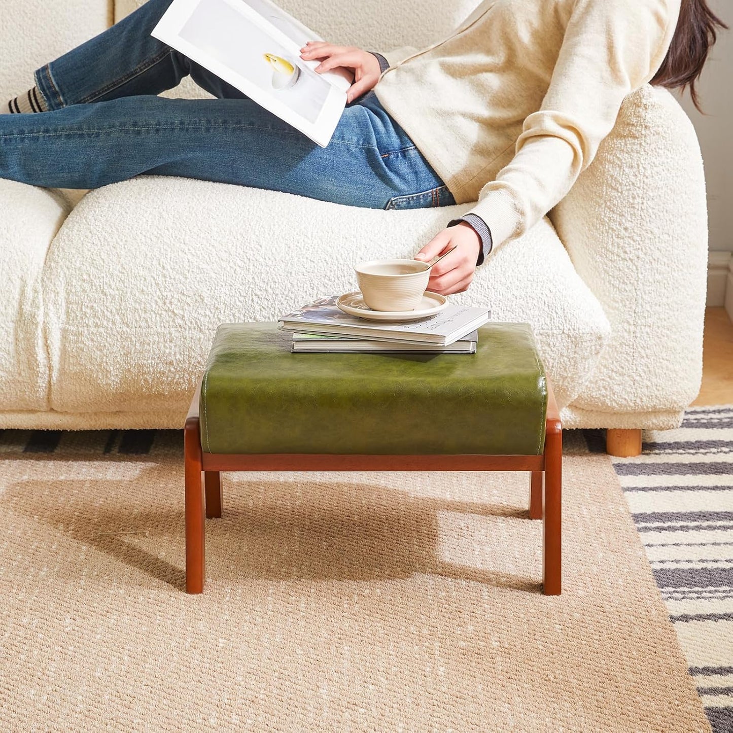 IBUYKE 10.2” H Small Foot Stool Ottoman, Rectangle PU Faux Leather Foot Rest with Padded Seat and Wood Legs, Modern Accent Ottoman Foot Rest for Living Room Bedroom Couch Office, Dark Green WBD013GR