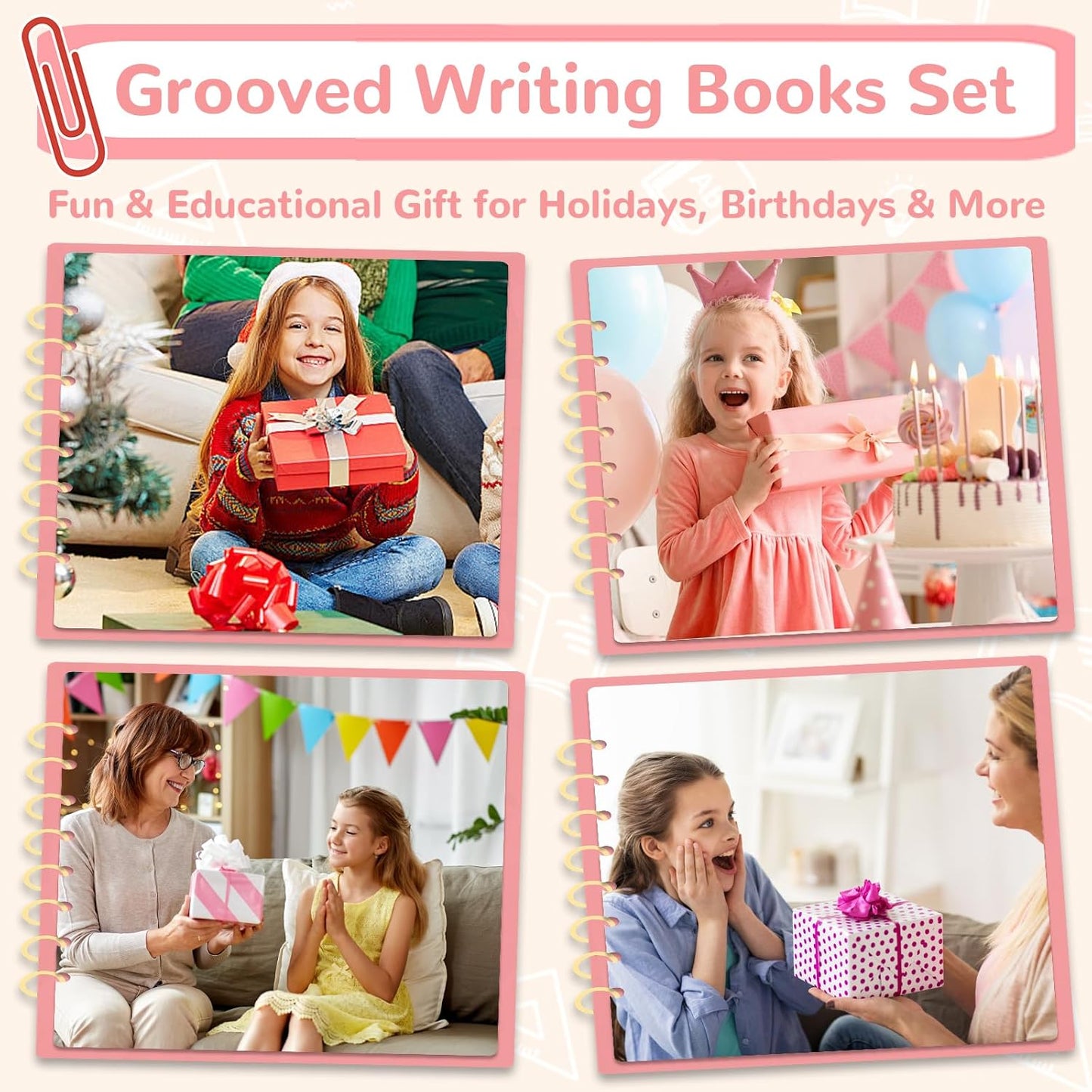 Large Size Grooved Writing Books for Kids Age 3-5 6-8, 8 Pack Magic Grooved Writing Practice Copybooks, Handwriting Prastice with Cute Fade-Resistant Pens, Workbooks Number Letter Tracing for Kids