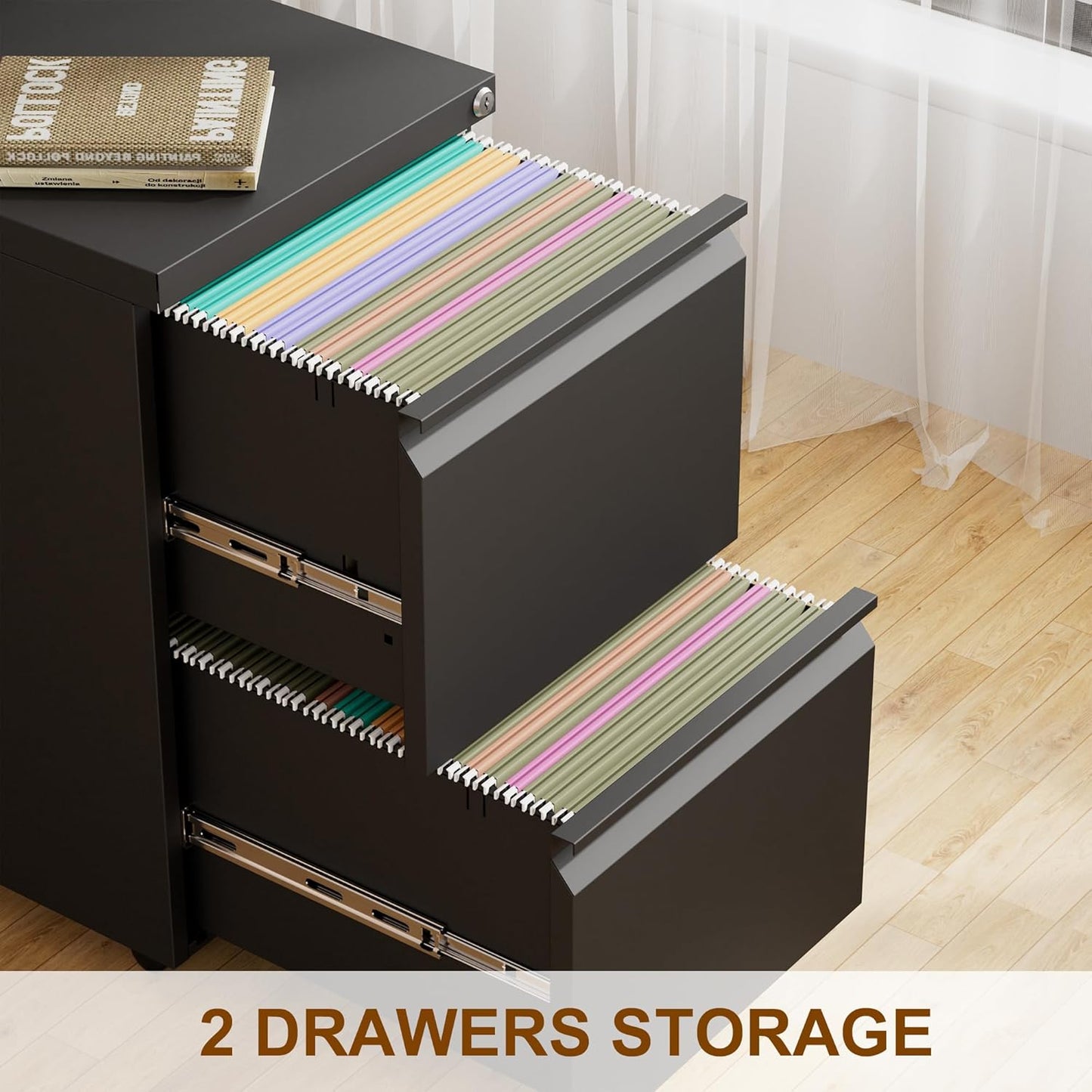 Metal Mobile File Cabinet with Lock and 4 Keys - Fully Assembled, Under Office Desk 2 Drawers Filing Cabinet for Home Office with Anti-tilt Wheels, A4/Legal/Letter Hanging File Drawers