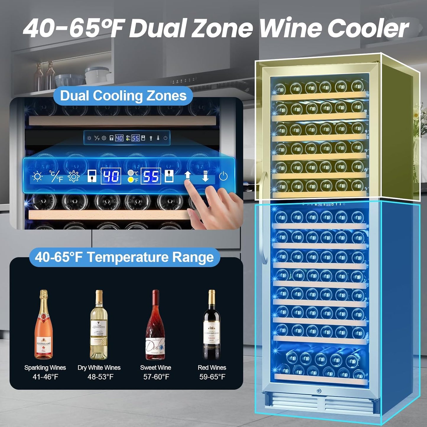 24 Inch Wine Fridge,180 Bottles Dual Zone Wine Cooler Refrigerator, Built-in or Freestanding Wine Refrigerator with Glass Door and Safety Lock, Low Noise, Large Wine Cellar for Home, Office, Kitchen