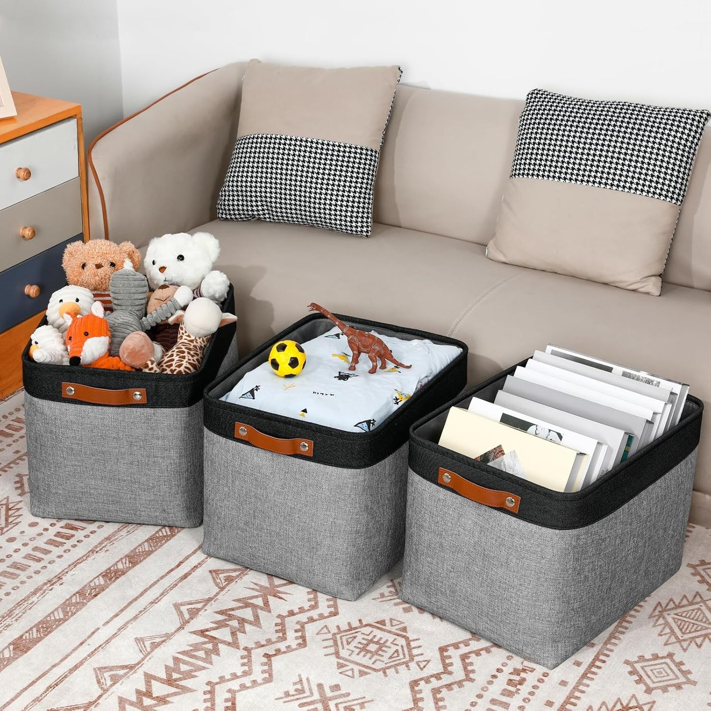 DULLEMELO Fabric Storage Bins - Decorative Large Baskets for Home Shelves & Bedroom, Canvas Toy Organizers (Black & Gray)