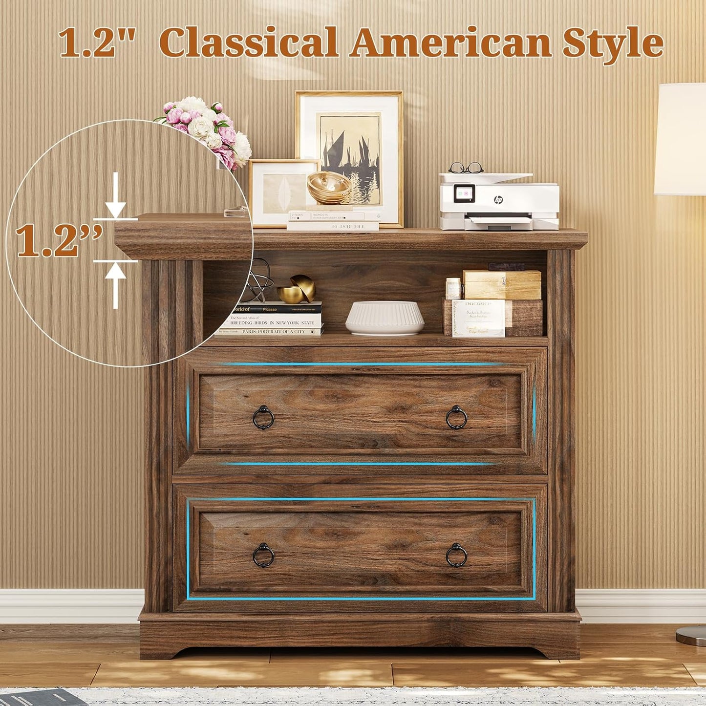 Itaar 2 Drawer File Cabinet, Farmhouse Filing Cabinet for Home Office Fits Letter, Legal, A4 Size, Wood Lateral File Cabinet with Printer Stand, Storage Shelf, Brown