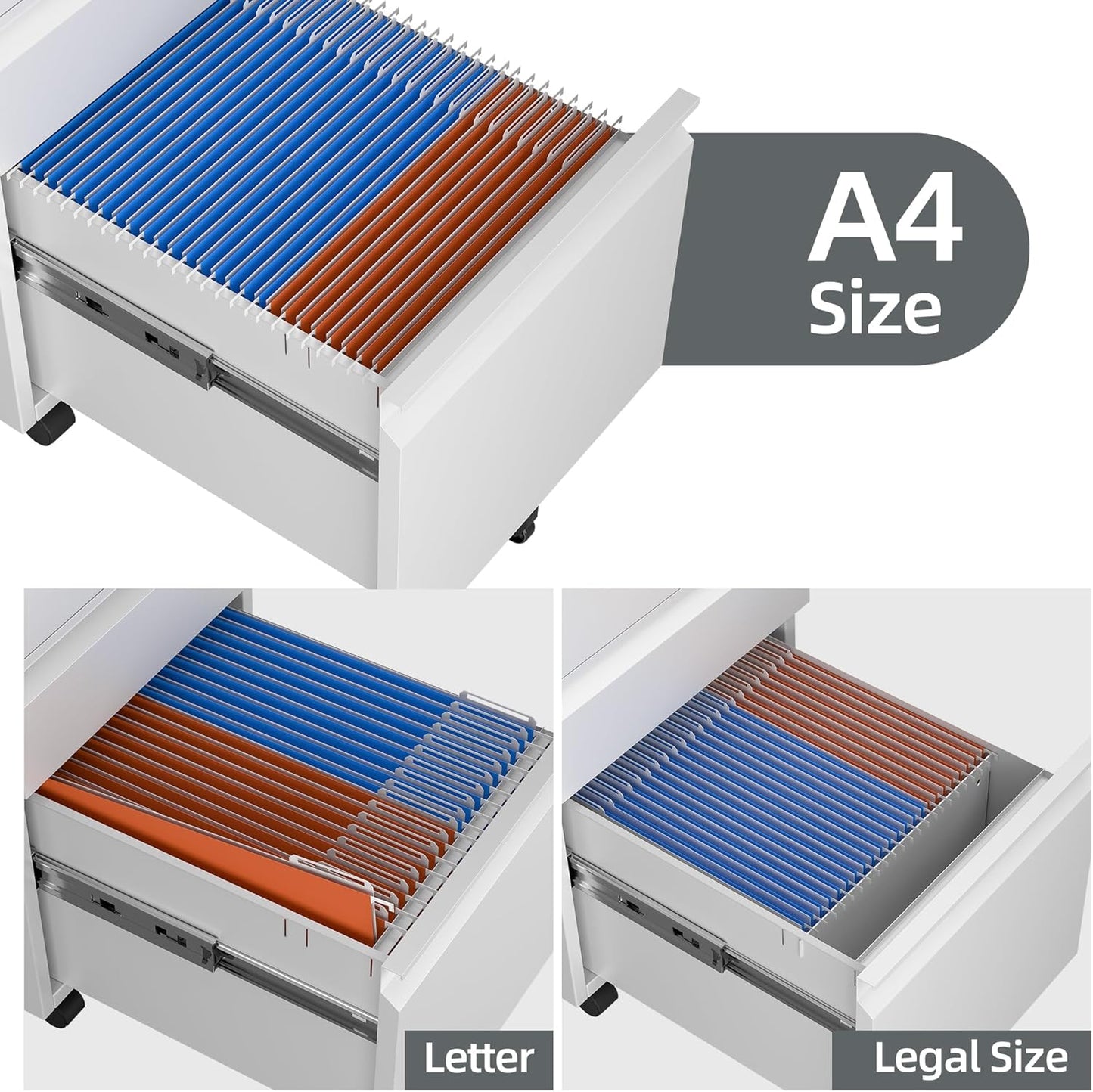 3 Drawer Mobile File Cabinet with Lock, Under Desk Metal Filing Cabinet for Office,Home,A4/Legal/Letter Size, Fully Assembled (White)