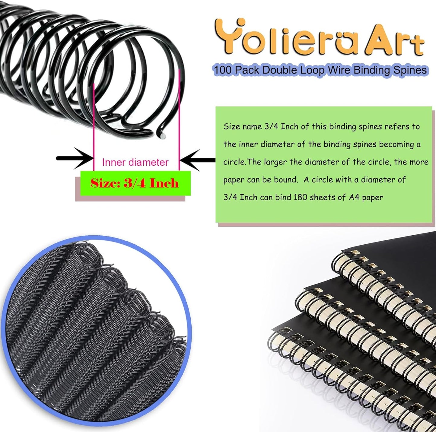100 Pack Metal Twin Loop Binding Wire Coils, 34-Loop, 3/4" Cinch Book Binding Wire, 3:1 Pitch, YolieraArt Double Loop Bindings180 Sheet Capacity Fit for School Office Notebook Maker Gold