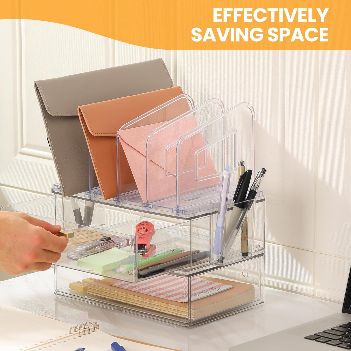 Acrylic Desk Organizer Set, 2 Pack Stackable Drawer Organizer with 4 Vertical File Sorter and 2 Pen Holders, Desktop Storage for Files, Letter, Documents, Office Supplies, Desk Accessories