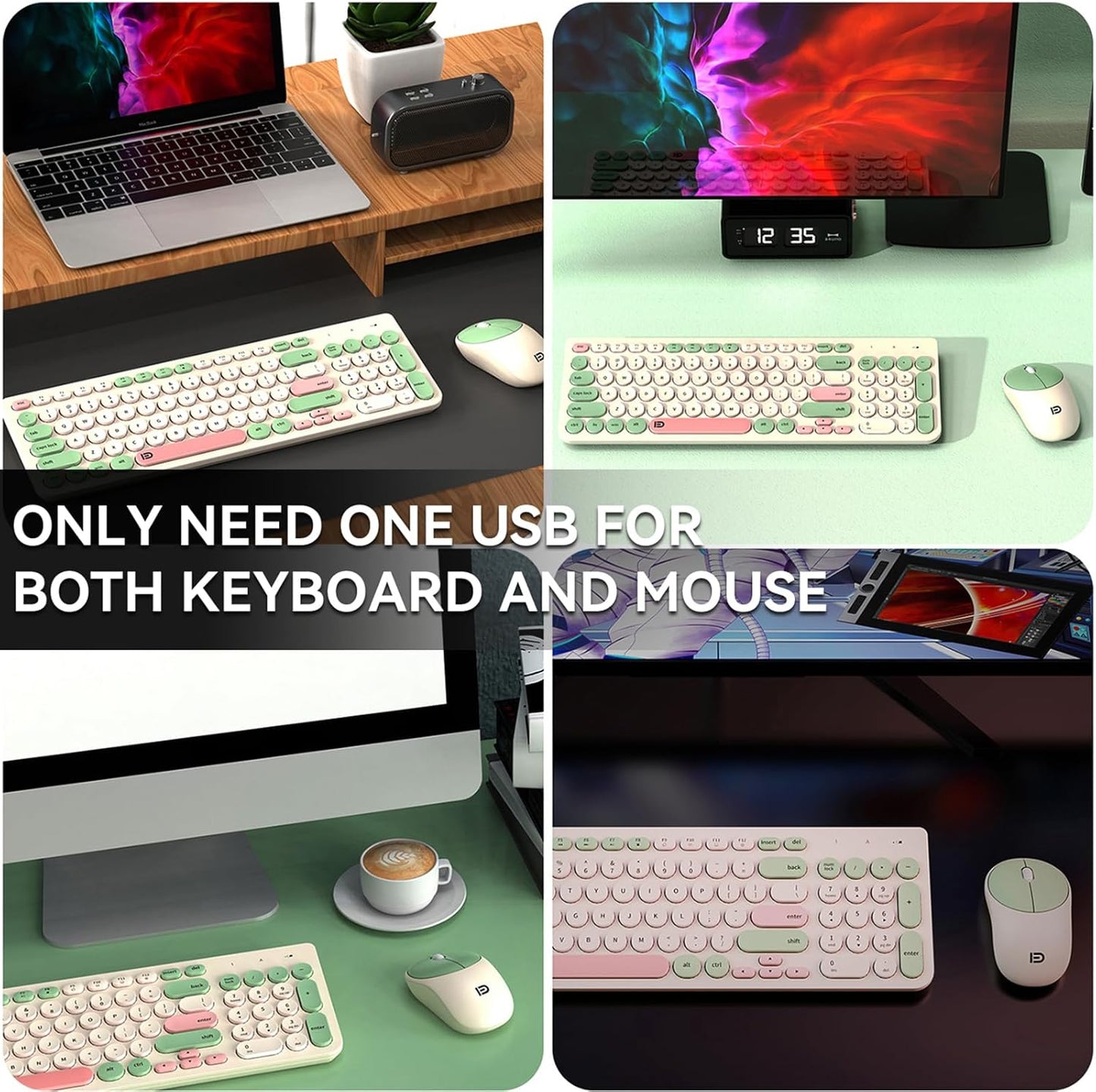 FD Wireless Keyboards and Mouse Combo - 2.4GHz USB Cordless, Cute Wireless Keyboard Round Keys, Quiet and Slim Set for Laptop, Computer, TV and Mac - Milky White Green Colorful