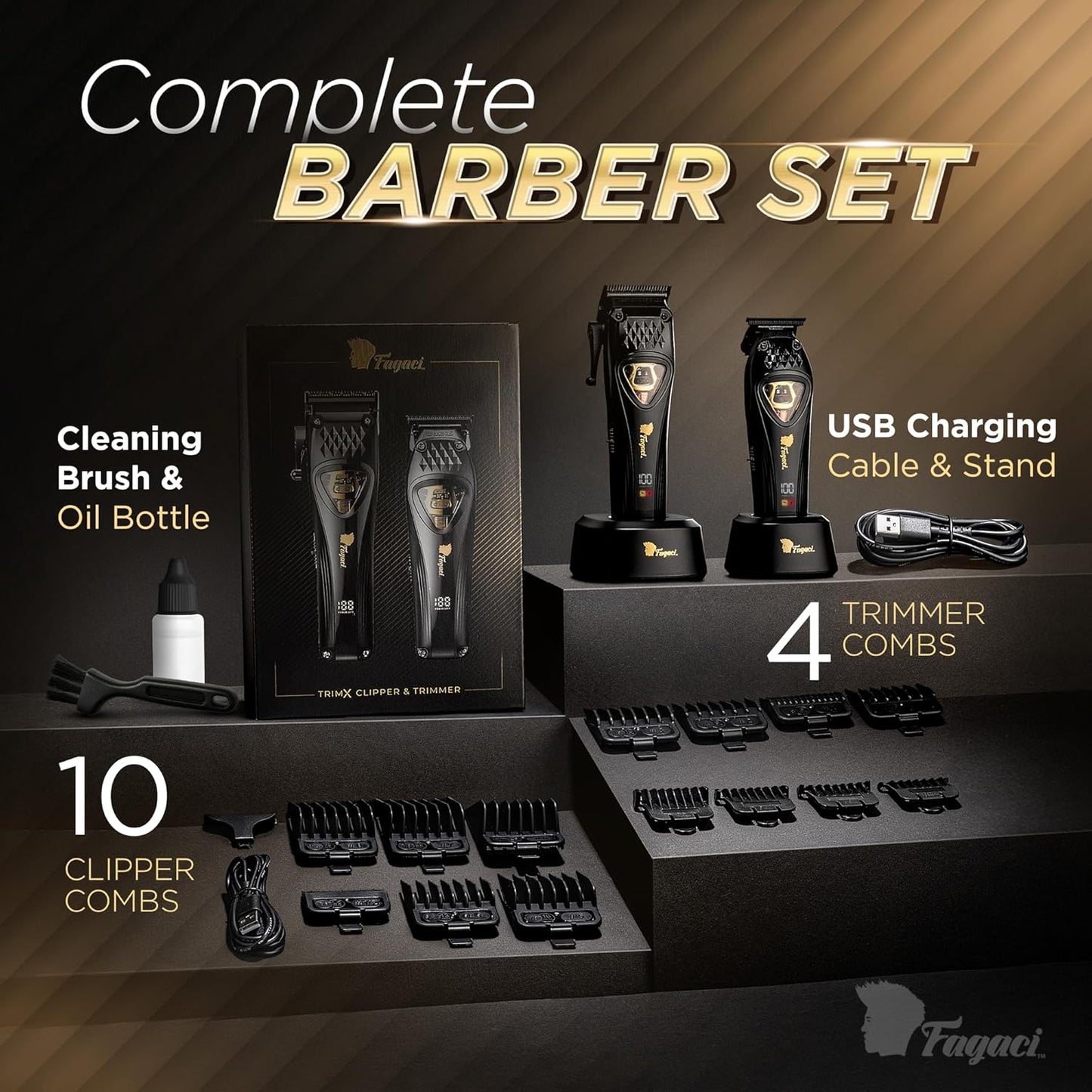 Fagaci Professional Hair Clippers for Men with DLC Blades and High Torque Vector Motor, Barber Clippers and Trimmers Set Zero Gap, 12000 RPM Hair Cutting Kit, Mens Haircut Cordless Clipper for Barber