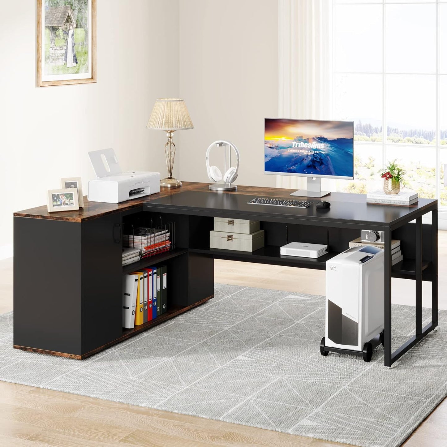 Tribesigns 71 inch Executive Desk, L Shaped Desk with Cabinet Storage, Executive Office Desk with Shelves, Business Furniture Workstation for Home Office, Brown and Black