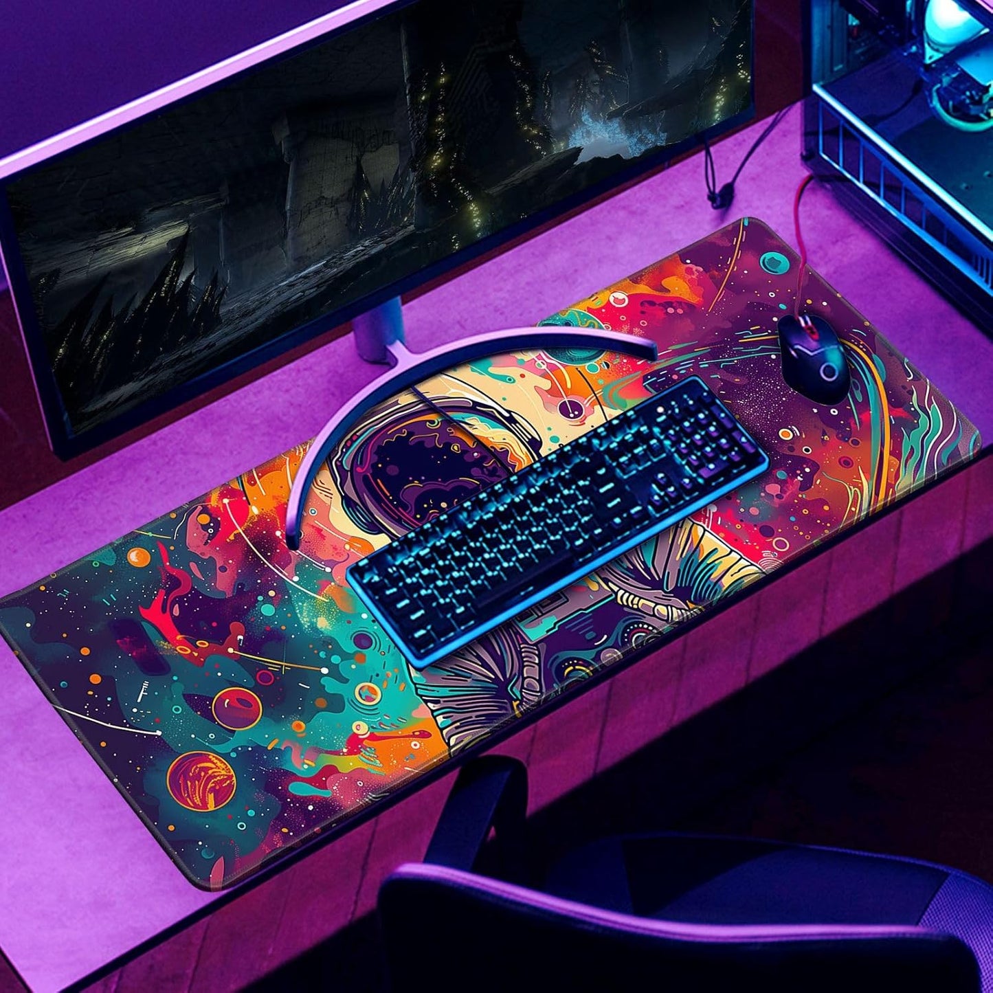 Desk Mat Colorful Space Desk Accessories Astronaut Extended Gaming Mouse Desk Pad Decorations for Office Keyboard Mousepad Mat31.5x11.8in, Stitched Edge Non-Slip Bottom Large Mouse Pad