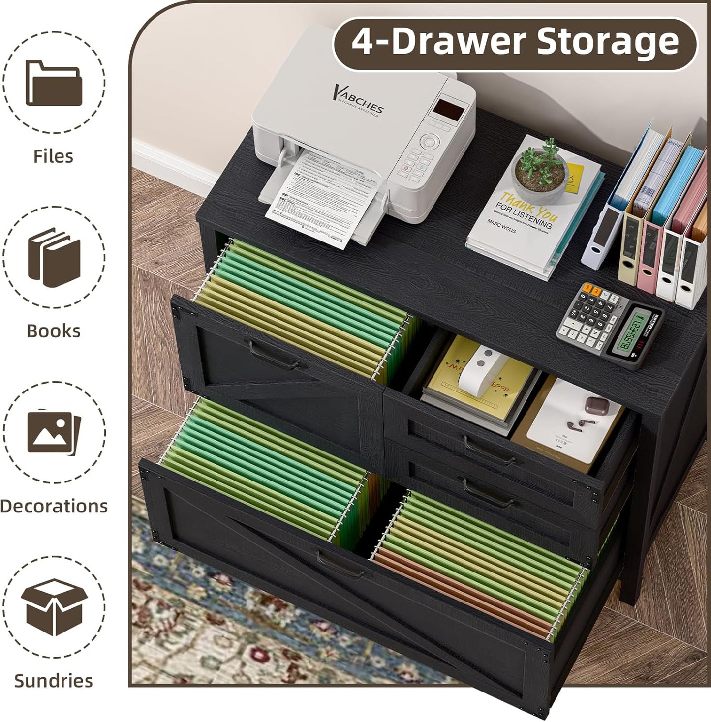 Wood Lateral File Cabinet with 4-Drawer for Hanging Files Letter/A4/Legal Size, Large Farmhouse Filing Cabinets for Home Office, Printer Stand with Office Cabinet, Office Furniture, Black