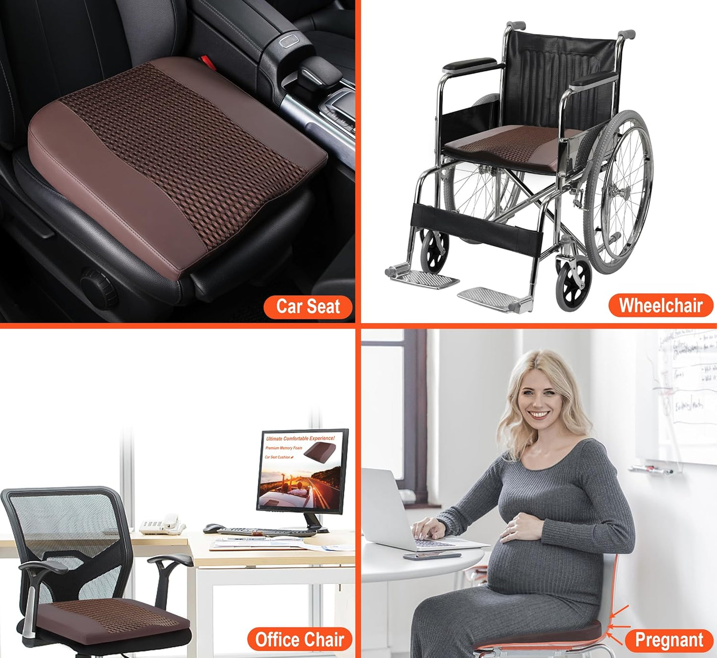 Car Seat Cushion, Comfort Memory Foam Car Cushions for Driving - Sciatica & Lower Back Pain Relief, Driver Seat Pillow for Auto, Office Chair, Wheelchair - 4D Mesh Brown
