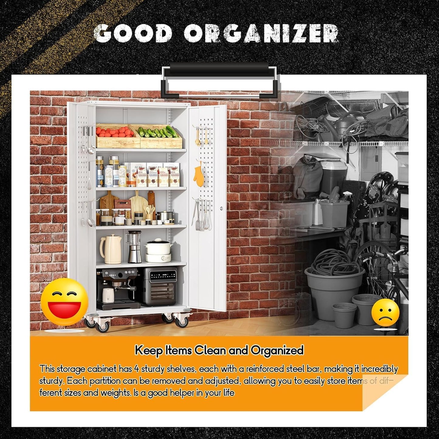 INTERGREAT Metal Garage Storage Cabinet, Lockable Rolling Tool Cabinets with Pegboard and Shelves, 72" Tall Heavy-Duty File Cabinet with Wheels for Garage, Basement, Warehouse, White