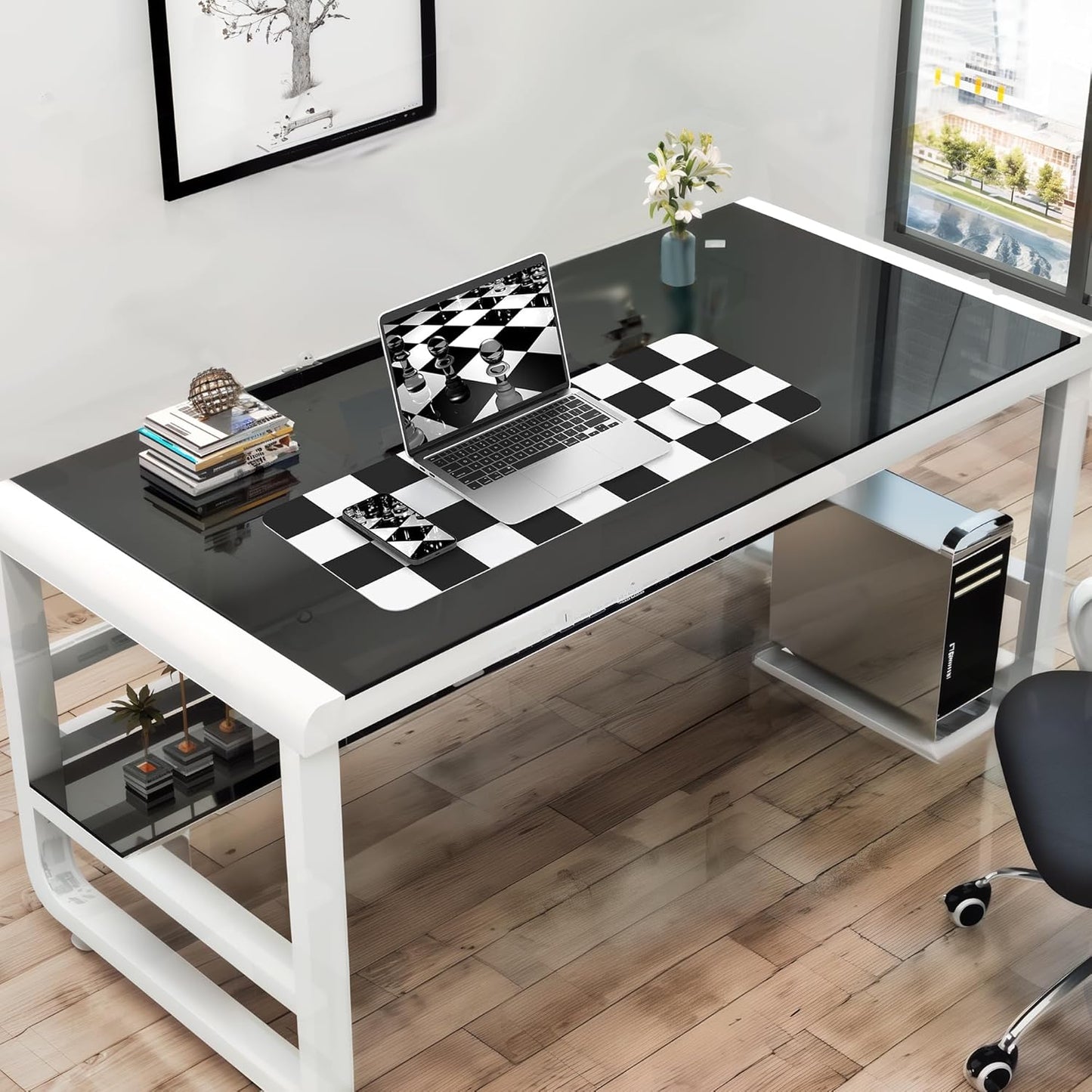 Non-Slip Checkered Desk Mat, Waterproof PU Leather Protector, Large Blotter, Easy Clean Laptop Writing Mat for Work/Home/Decor (31.5"x12", White Black)